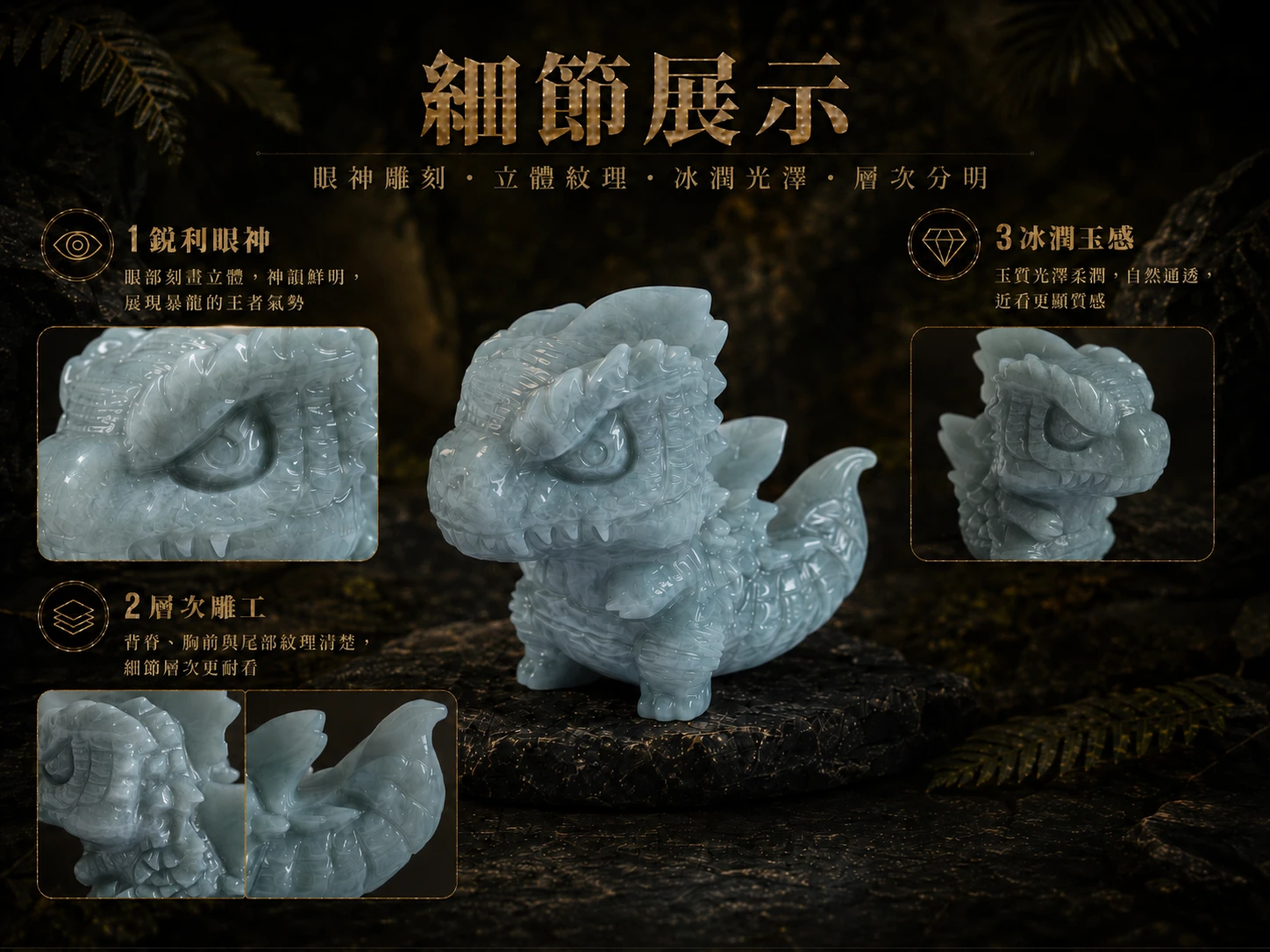 天然翡翠暴龍細節工藝：立體手工精雕皮膚褶皺、強健下顎與背部線條，展現翡翠天然色帶、冰裂紋理與溫潤光澤。保證 A 貨天然翡翠，附專業鑑定保障。