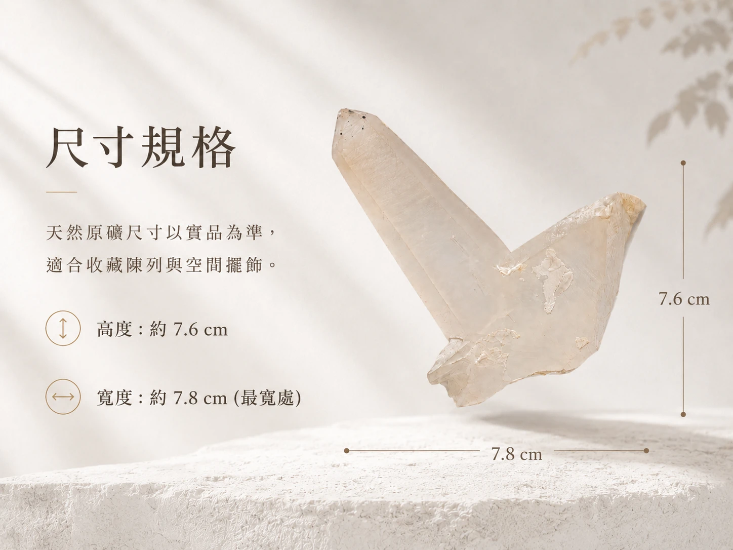 日本律雙晶原礦尺寸標示圖:提供精準長寬高數據,確保展示於專屬底座或展示盒中的完美比例,適合高端原礦藏家與玄學愛好者品鑑收藏。
