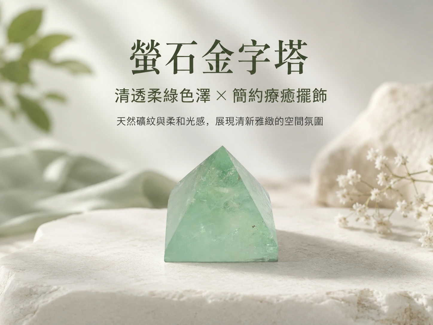 [晶銀財寶] 2026 天然綠螢石金字塔擺件，結合神聖幾何風水與螢石淨化能量，主打消除腦霧、提升專注力、辦公桌防數位焦慮的高階水晶擺飾。