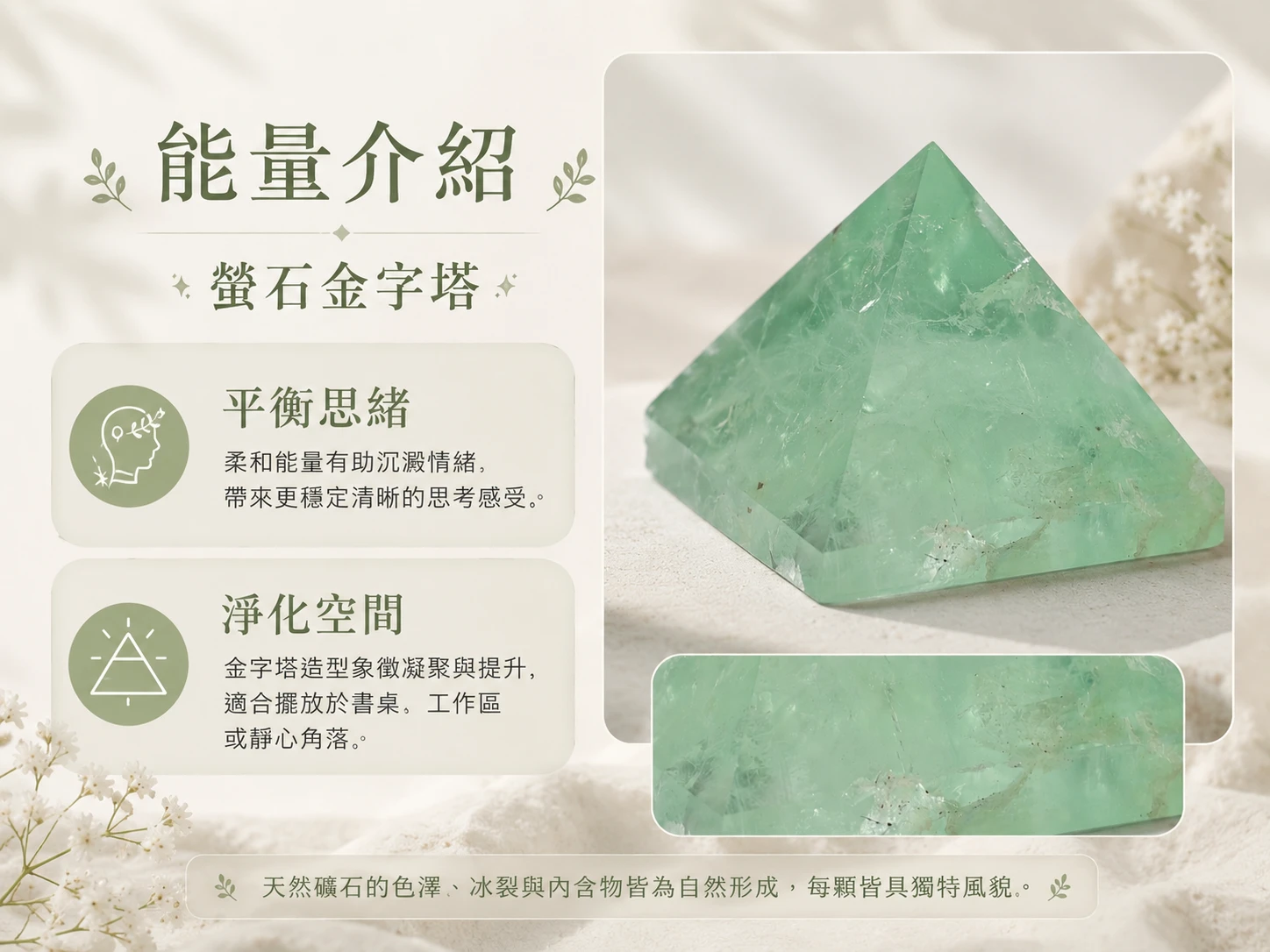 綠螢石金字塔功效玄學寓意:綠螢石對應心輪與眉心輪,被譽為天才之石。金字塔造型具備極強的能量匯聚與放射特性,是 2026 提升考運與工作效率的必備神器。