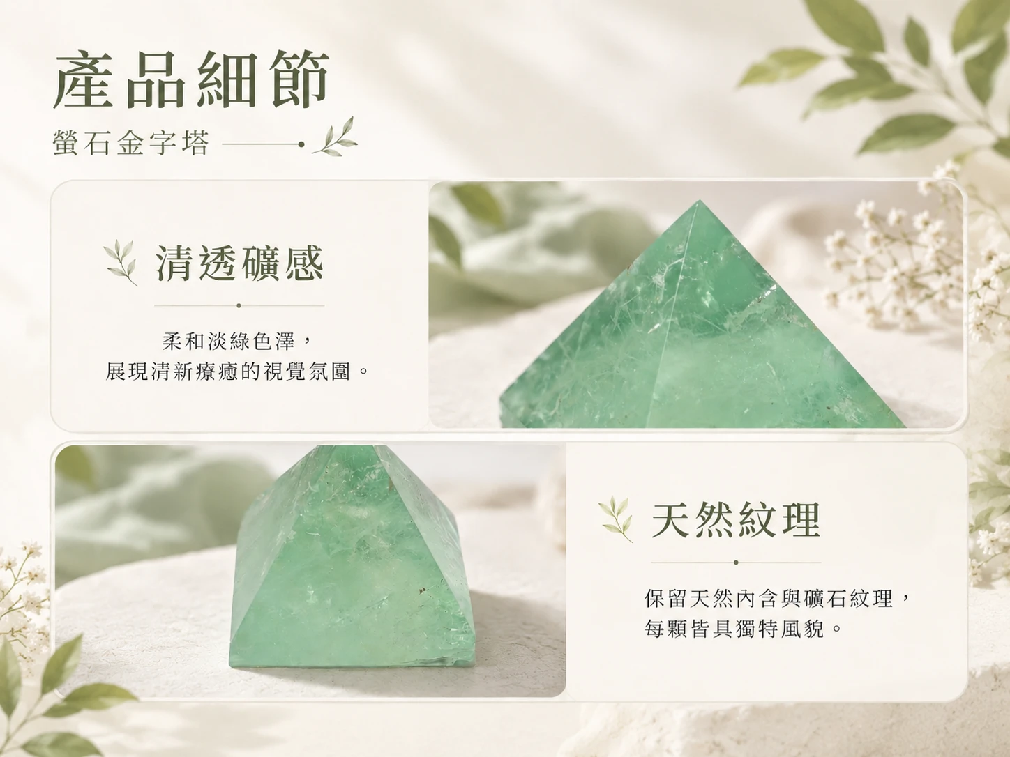 天然螢石金字塔細節特寫:展現純天然無優化綠螢石清透晶體與內部獨特冰裂紋理,職人精準切割金字塔比例。由英國寶石協會彩寶鑑定師嚴格把關,保證無注膠染色。