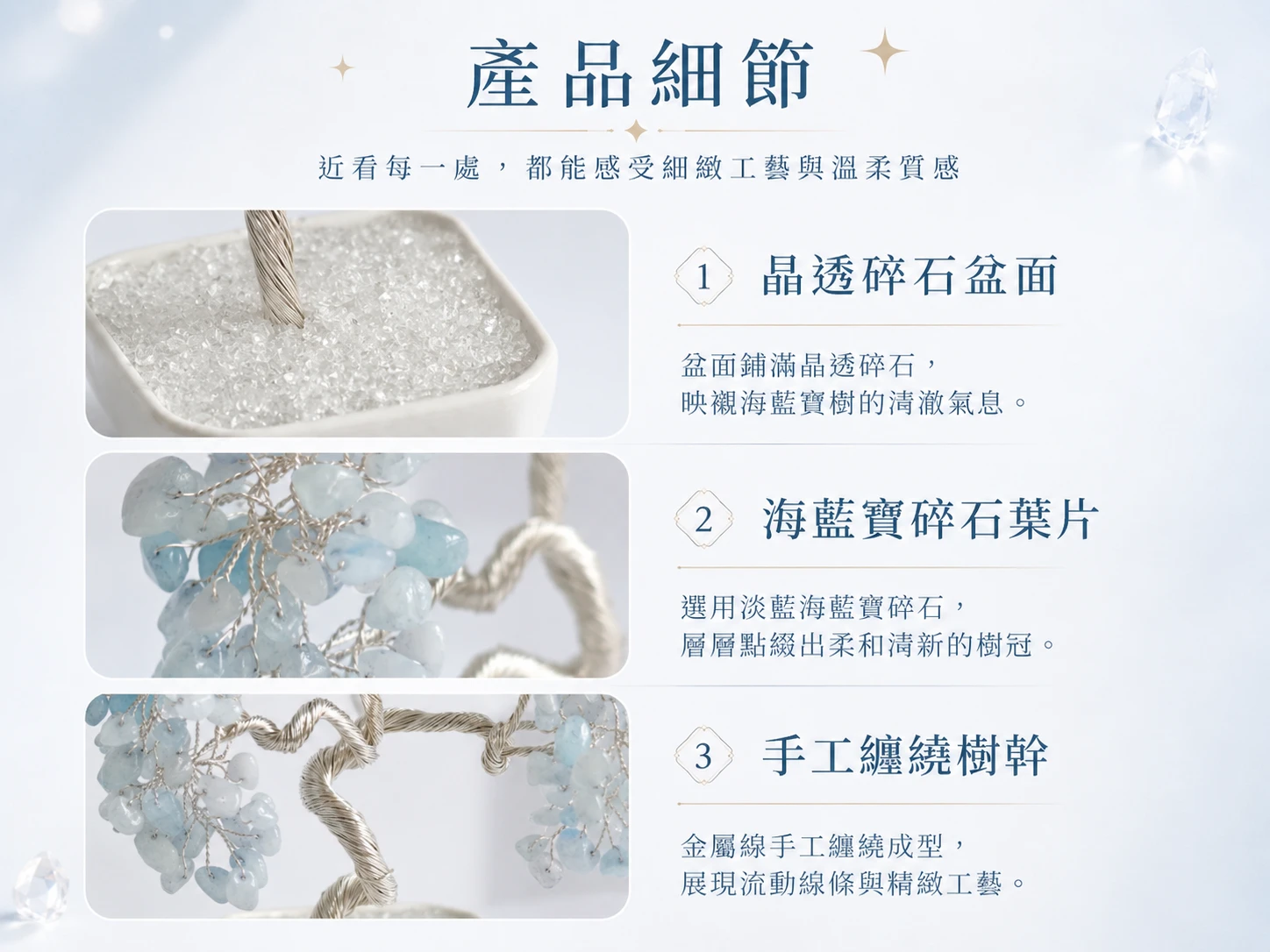 天然海藍寶樹細節特寫:展現高淨度天然海藍寶碎石樹葉、手工銀線編織主幹與白水晶鋪底。由英國寶石協會彩寶鑑定師嚴格把關,保證無染色玻璃仿品。
