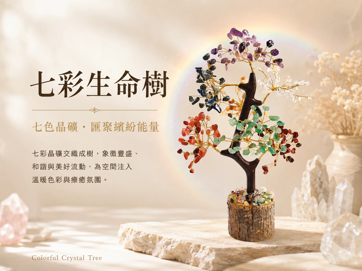[晶銀財寶] 2026 天然七彩生命樹水晶擺件，結合七種天然原礦碎石與手工銅線編織工藝，主打全效能量平衡、身心靈療癒、辦公室風水與居家招財化煞的高質感開運軟裝。