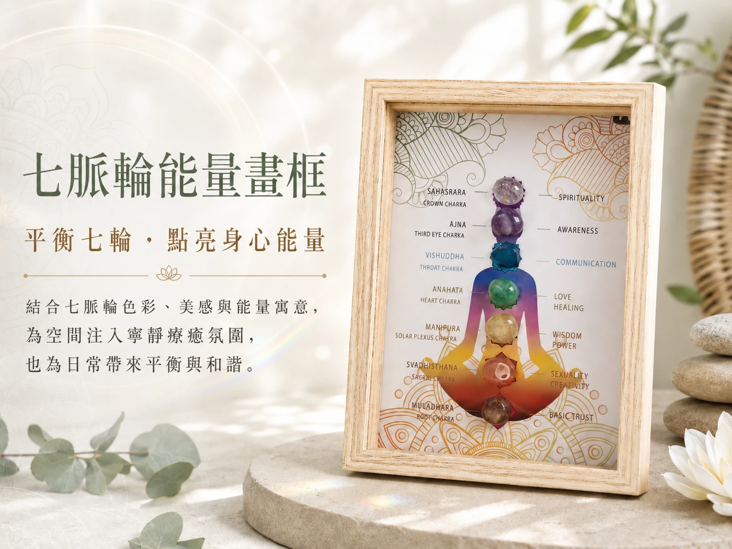 [晶銀財寶] 2026 七脈輪生命樹水晶畫框擺件，事事如意文字，主打辦公室風水、居家軟裝佈置與色彩療癒的高CP值開運工藝品。