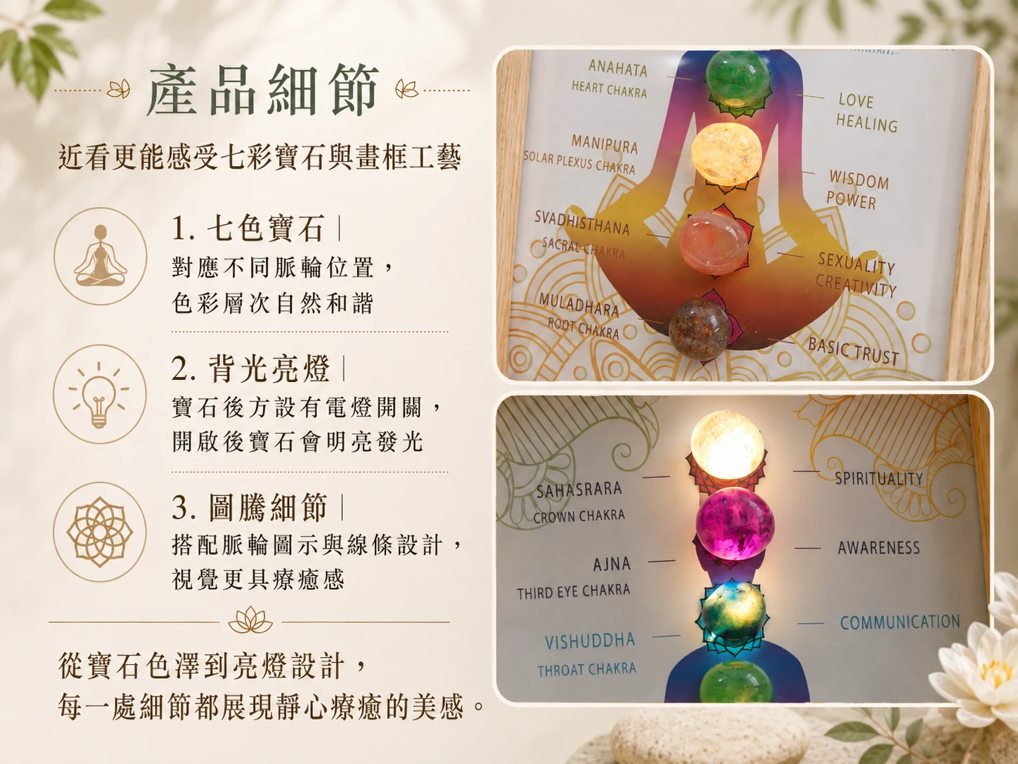 七脈輪幾何畫框細節工藝:職人純手工幾何幾何結構拼貼。金色邊框與背部支架設計,高CP值現代北歐風與侘寂風風水擺件。