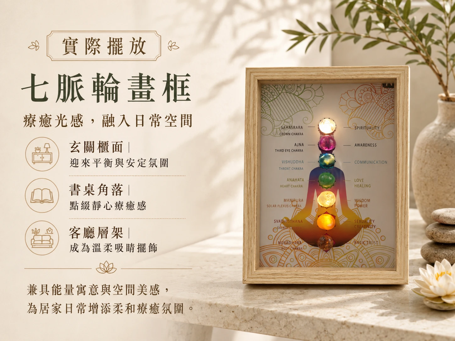 七脈輪水晶畫框風水擺放建議:強烈建議放置於客廳明財位平衡家宅氣場、辦公桌左前方消除數位焦慮招貴人,或作為玄關層架點亮玄學生活感的輕奢軟裝。