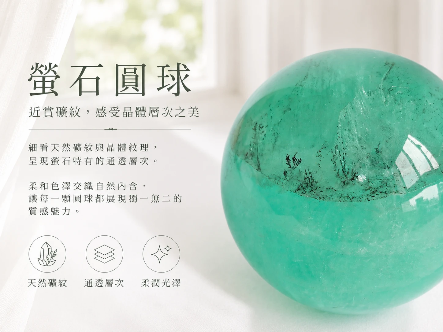 天然軟錳礦螢石球細節特寫:展現螢石清透晶體與內部罕見軟錳礦(黑羽毛)共生包裹體,職人精準手工拋光圓球。英國寶石協會彩寶鑑定師把關,保證純天然無注膠染色。