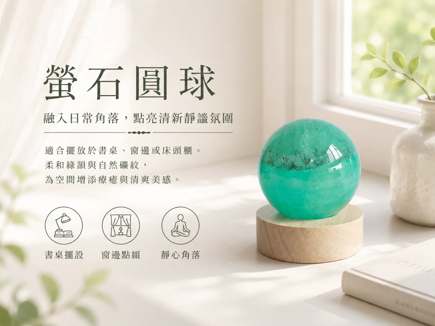 螢石軟錳礦圓球風水擺放建議:強烈建議放置於辦公桌正前方屏蔽數位焦慮提升執行力、書房文昌位助旺考運,或冥想祭壇核心,打造無擾的深層靜心空間。