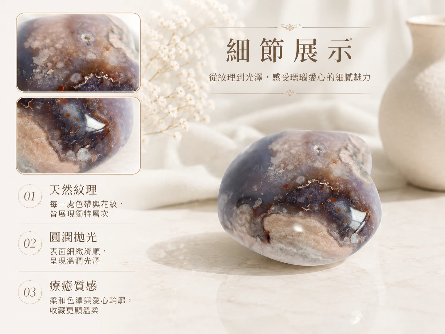 天然瑪瑙愛心細節特寫:展現瑪瑙純天然的莫蘭迪粉灰色調,英國寶石協會彩色寶石鑑定師嚴格把關。
