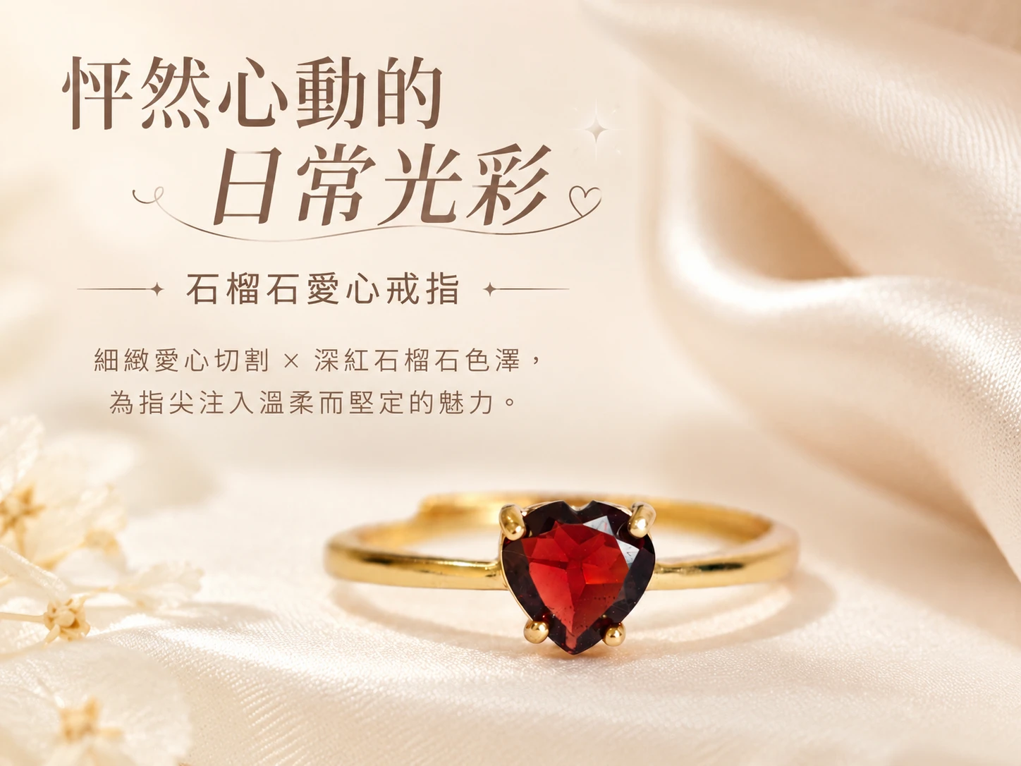 [晶銀財寶] 2026 頂級天然石榴石愛心戒指，925 純銀鍍金戒環與開口可調式設計，主打海底輪調頻、招桃花正緣、提亮膚色與展現法式輕奢風格的開運水晶飾品。