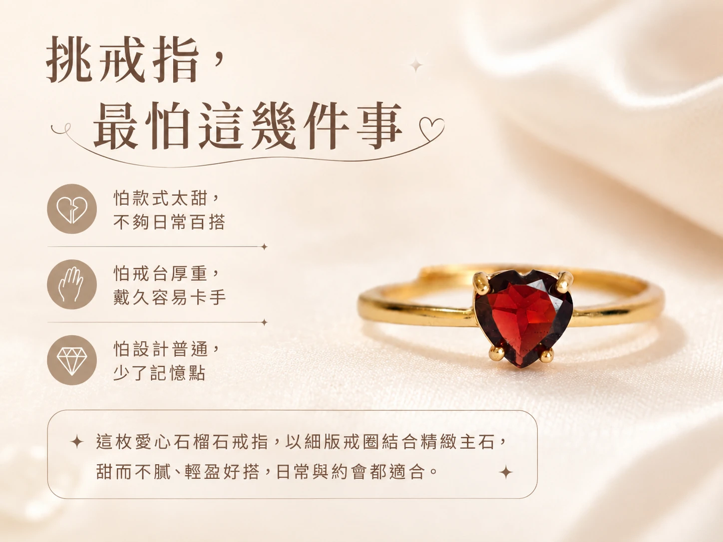 化解情感內耗:解決現代女性長期高壓導致的臉色暗沉、缺乏活力、容易自我懷疑、戒圍不合網購卡關,以及傳統招桃花飾品過於俗氣的穿搭痛點。