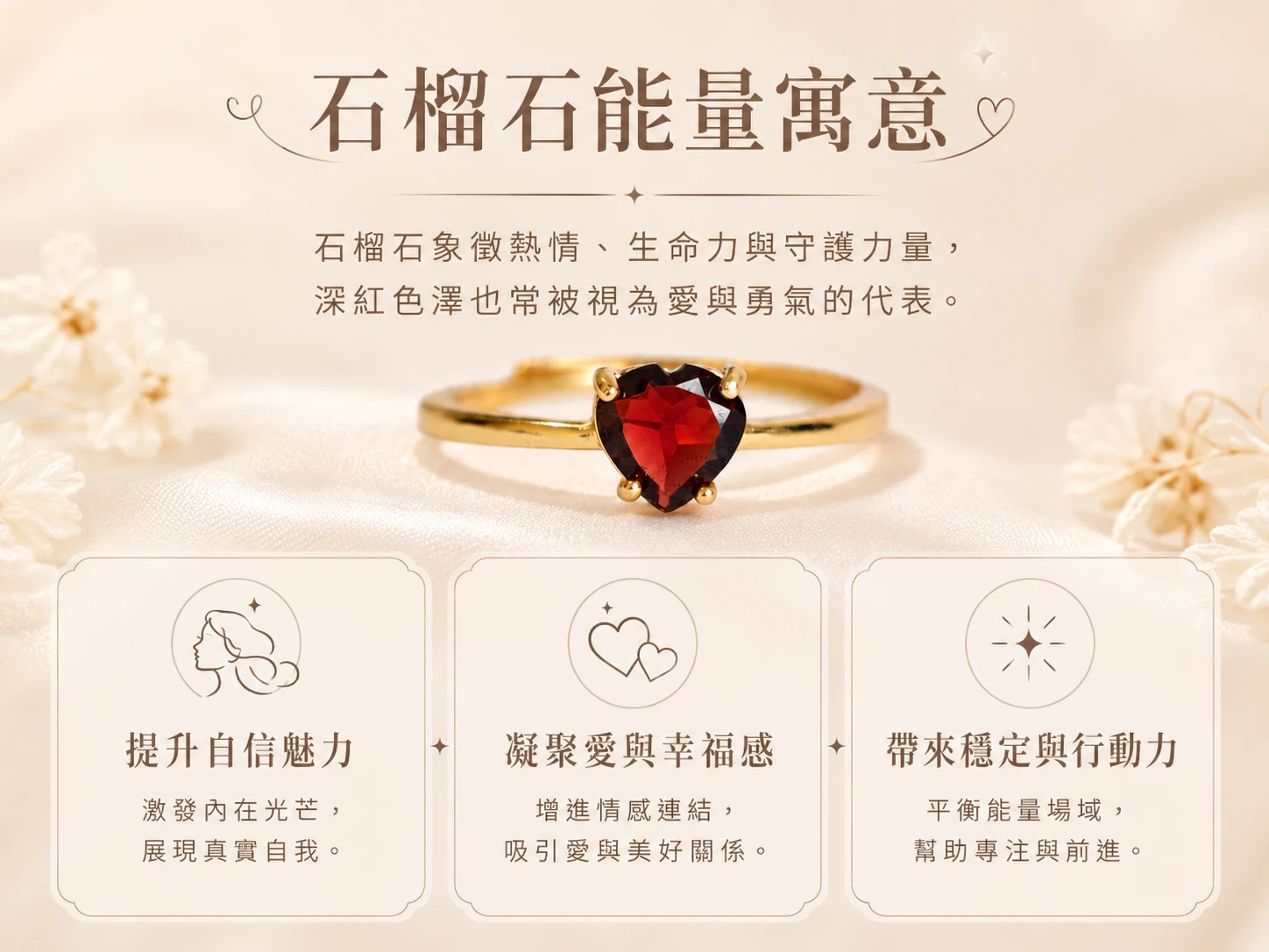 石榴石戒指功效與玄學寓意:石榴石被譽為女人之石,強效對應海底輪,五行屬火。能補足生命力、修復氣場、極大化個人溫柔魅力、招攬真愛正緣。開口戒設計提供絕佳配戴便利性。