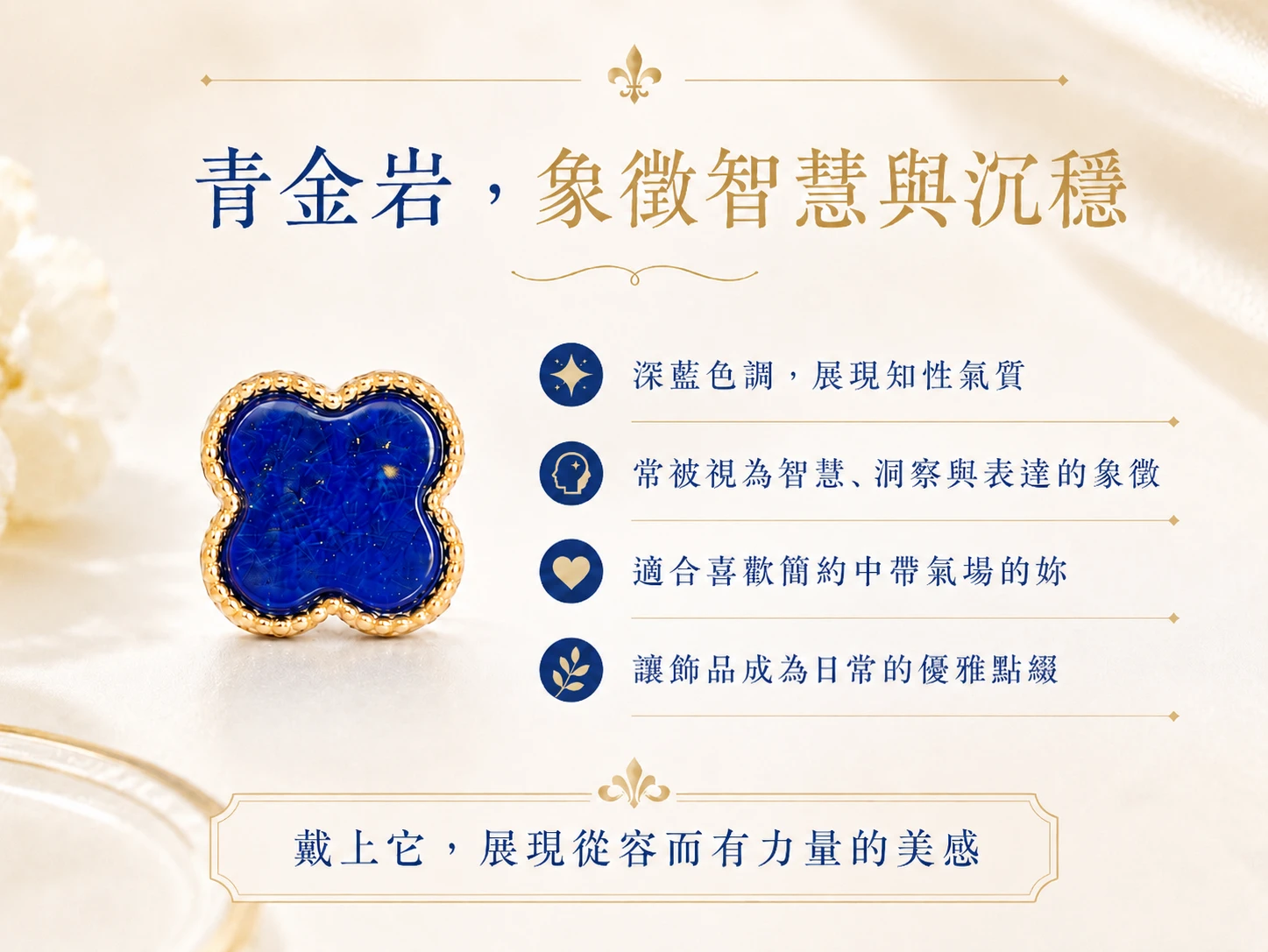 青金岩耳環功效與玄學風水寓意:在玄學中被譽為「帝王之石」,深藍色頻率能精準共振眉心輪與喉輪。強效提升洞察力與表達魄力,為配戴者建立強大防禦氣場並招喚事業上的伯樂貴人。