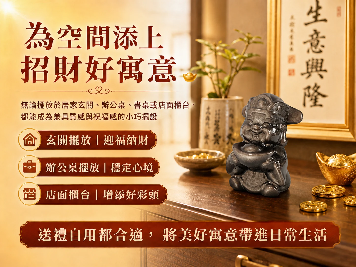 銀曜石財神風水擺放示範:沉穩大氣的高奢原礦設計完美融入總裁辦公室或居家明財位。玄學建議擺放於辦公桌左前方(青龍位)強化決策力與防小人,或放置於收銀台與金庫上方強效聚氣吸金。