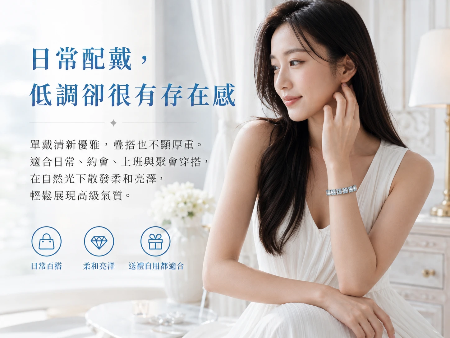 托帕石純銀手鍊穿搭配戴示範:極簡璀璨的高奢設計完美融入高階商務與日常質感穿搭,清透的湛藍光芒能瞬間提亮手腕膚色。玄學建議配戴左手吸納溝通智慧,配戴右手則能強效散發說服力與專業氣勢。