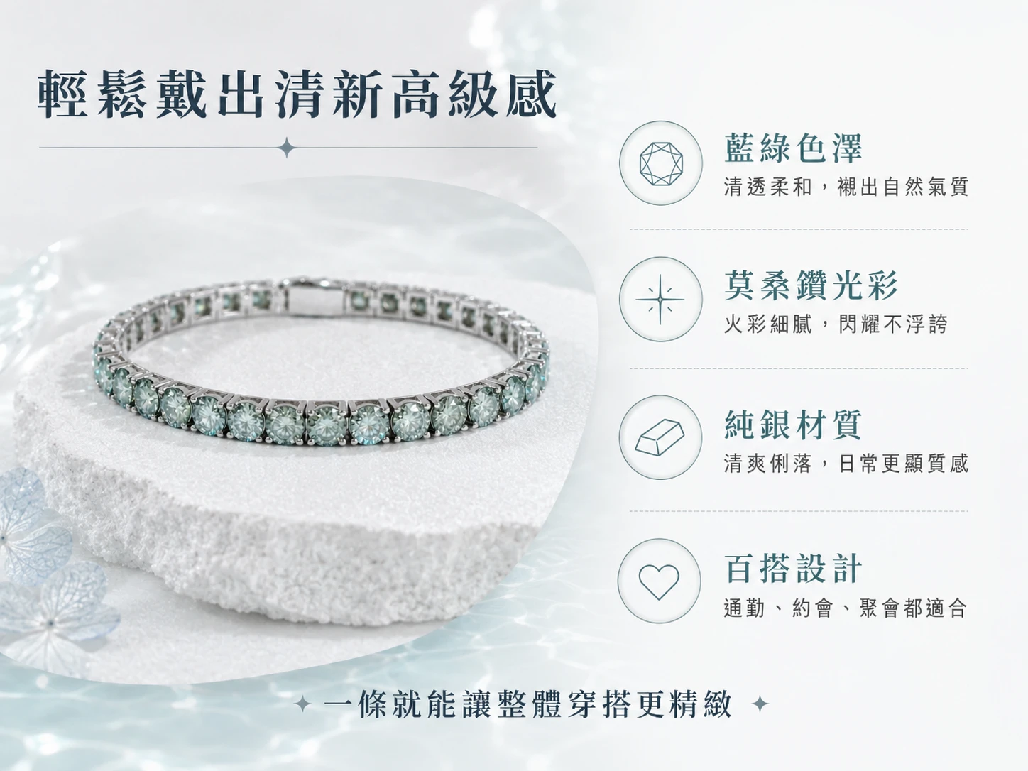 莫桑鑽手鍊功效與玄學風水寓意：在玄學中璀璨明亮的白光火彩代表著「極強的顯化與放大能量」。能強效激發內在潛能、極速吸引高頻率的靈魂伴侶與事業貴人，為配戴者注入源源不絕的絕對自信與豐盛機遇。