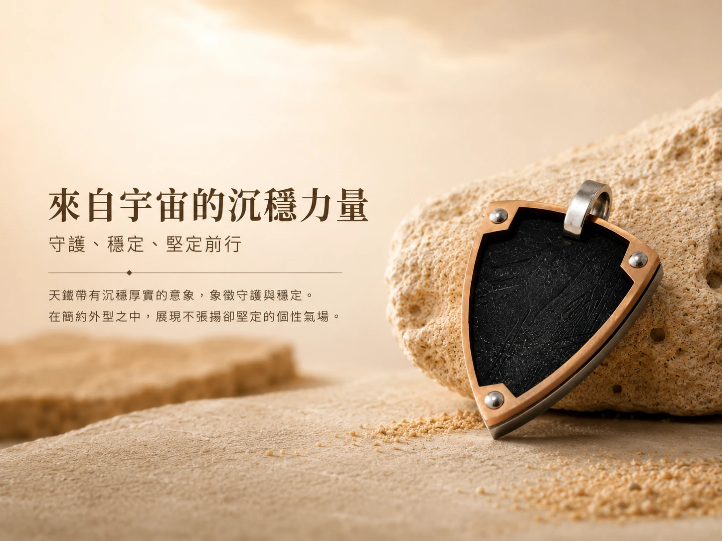 天鐵吊墜功效與玄學風水寓意:在玄學中被譽為「最強護身符與能量放大器」,來自外太空的隕石頻率能貫通全身七大脈輪。強效提升決策魄力、極速催旺正偏財,並能加乘放大疊搭水晶的專屬開運效能。