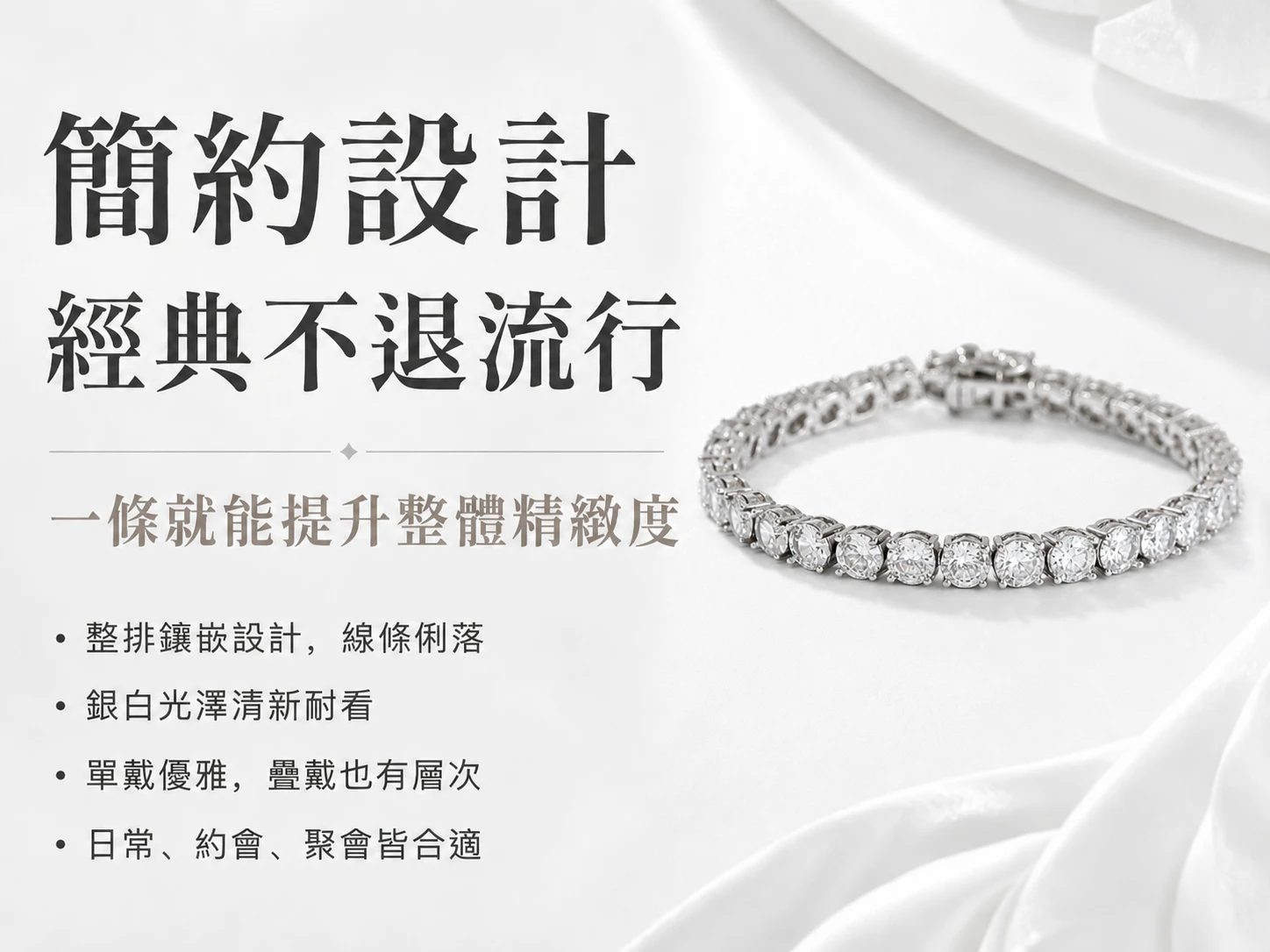 突破穿搭瓶頸與打造高級精緻感:頂級立方氧化鋯手鍊能為您建立耀眼的自信氣場,化解社交與重要場合的隱形怯場。輕盈百搭的細緻純銀鍊身設計,完美解決日常疊戴的搭配痛點,是展現老錢風品味與提升整體質感的必備單品。
