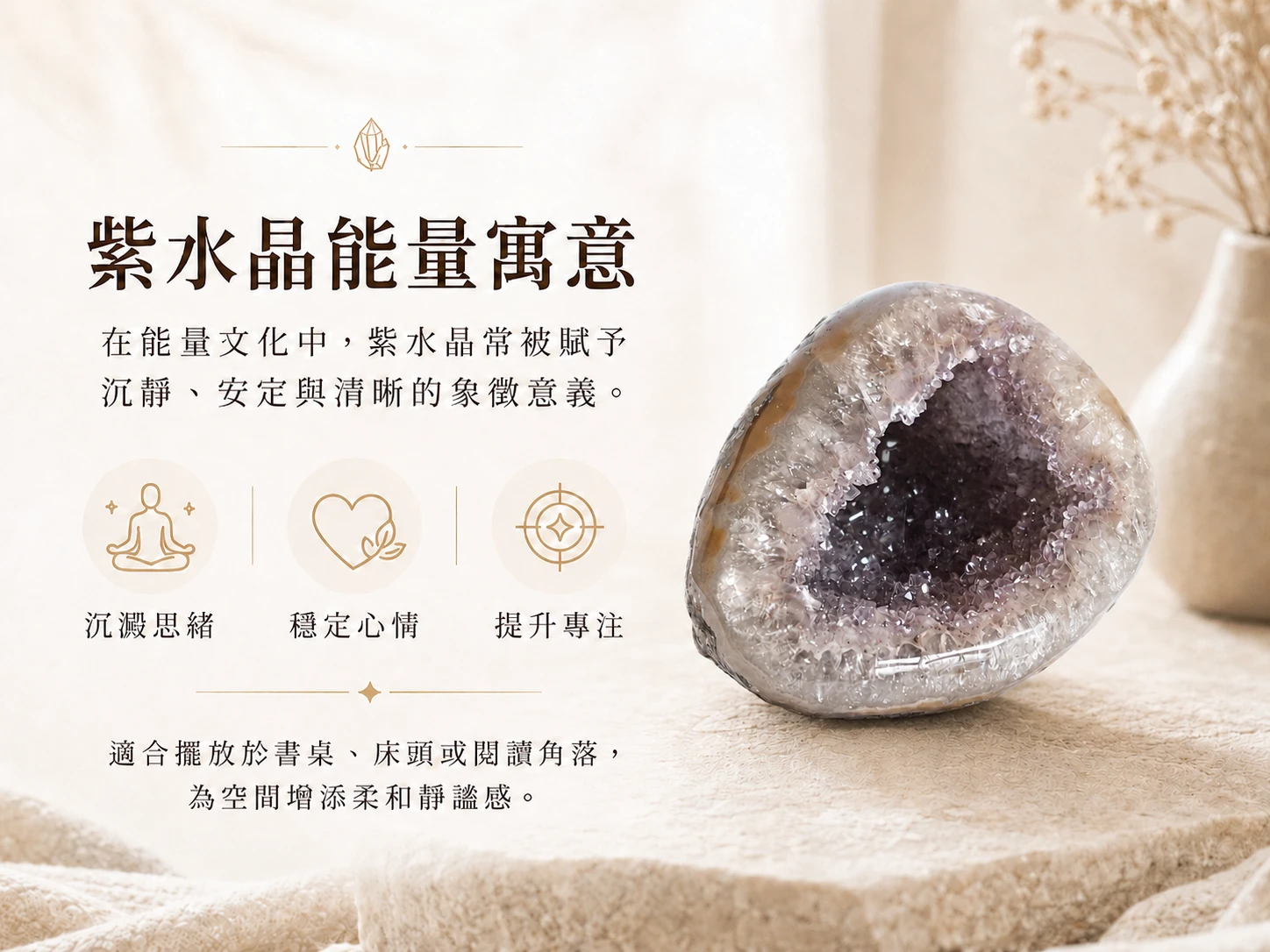 錢袋子紫晶洞功效與玄學風水寓意：在玄學中，紫水晶被譽為「社交之石」與「智慧結晶」，能精準共振頂輪以開啟高階決策力。結合傳統風水象徵「招財進寶、代代相傳」的錢袋子輪廓，其深邃的聚氣盆地能極大化吸納並鎖住正偏財氣場，為辦公或居家空間注入源源不絕的貴人好運與穩健生機。