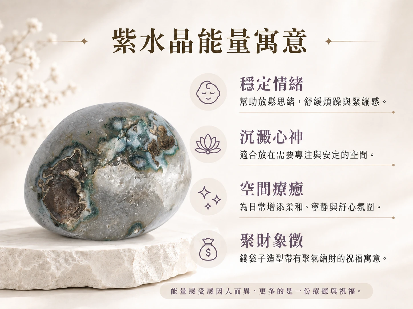 全拋光薰衣紫錢袋子晶洞功效與玄學風水寓意:薰衣紫水晶以其輕盈高頻的能量,精準共振頂輪與眉心輪,釋放深層緊繃並喚醒高階直覺。結合傳統風水象徵「招財進寶」的錢袋子輪廓與全拋光「處事圓融」的意象,其溫潤的聚氣盆地能以最不具侵略性的方式,為空間吸納並鎖住正財氣場與命中注定的高頻貴人。