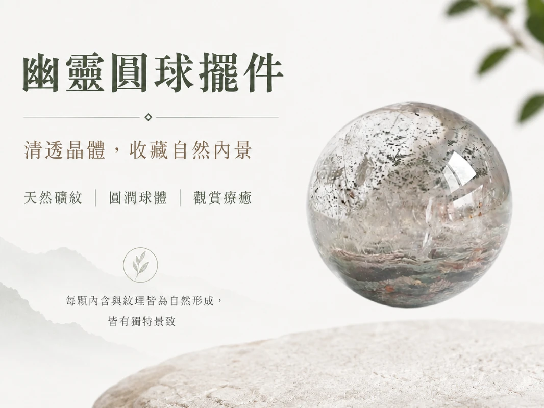 [晶銀財寶] 2026 頂規天然異象幽靈水晶球擺件。以絕佳的 2:3 視覺排版比例展現晶體內部如詩如畫的微觀異象風景，主打匯聚天地靈氣、極速催旺事業正財與提升居家靜奢美學（Quiet Luxury）的高級開運風水家飾。