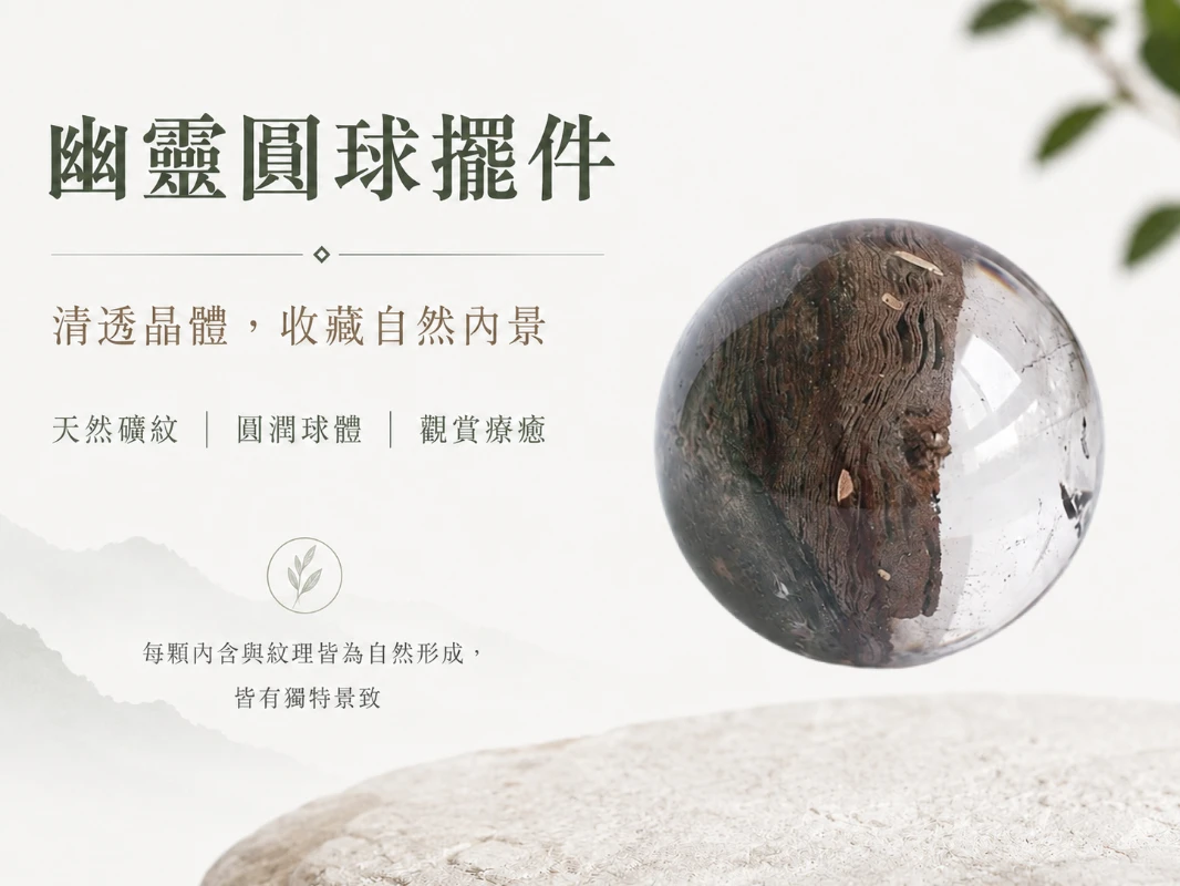 [晶銀財寶] 2026 頂規天然異象幽靈水晶球擺件。以絕佳的 2:3 視覺排版比例展現晶體內部如詩如畫的微觀異象風景，主打匯聚天地靈氣、極速催旺事業正財與提升居家靜奢美學（Quiet Luxury）的高級開運風水家飾。