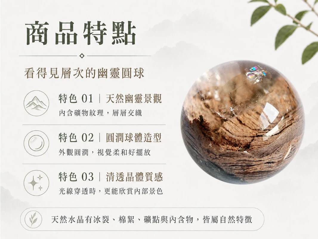 突破事業框架與跨越思維侷限:天然異象幽靈水晶蘊含千萬年大自然造物的極致能量,能強效重組停滯的空間磁場並化解職涯迷惘。打破傳統風水擺件的刻板印象,以象徵「圓滿無礙、有求必應」的極致圓潤流線無縫融入高階軟裝,是企業主、高階主管與創業者拓展事業版圖、打造專屬高頻庇護所的頂規首選。