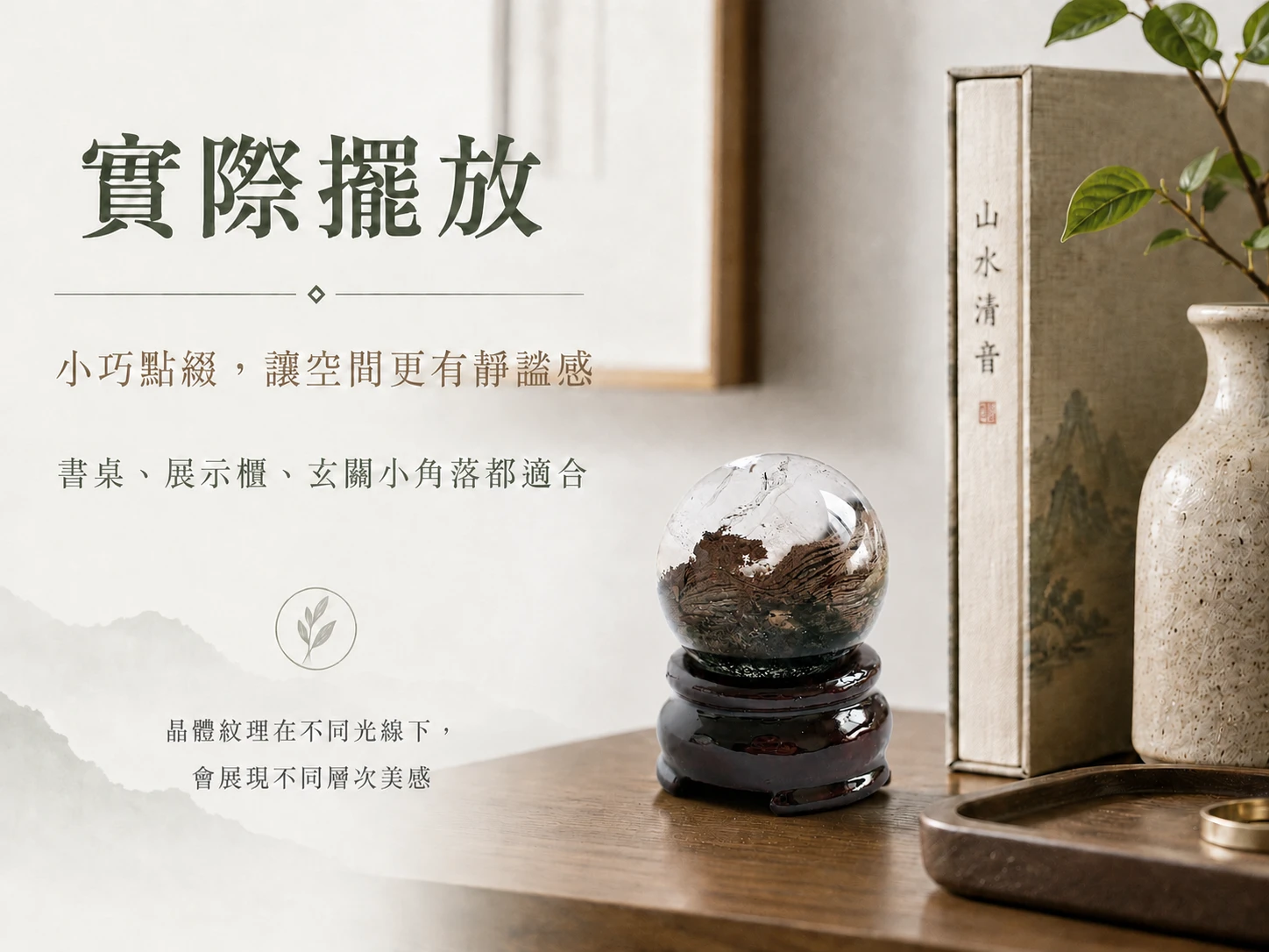 異象幽靈水晶球風水擺放與情境示範:充滿大自然張力的高奢幾何設計,能完美融入現代極簡、侘寂風或法式古典空間軟裝。玄學建議擺放於客廳明財位、企業迎賓大廳,以最穩健的姿態廣納八方之財,或放置於辦公桌左側(青龍位)作為強大的事業推波助瀾基石。透過自然光影的折射,隨時營造令人身心徹底舒展的高級靜心磁場。