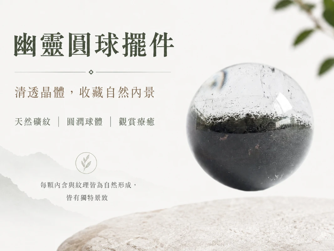 [晶銀財寶] 2026 頂規天然異象幽靈水晶球擺件。以絕佳的 2:3 視覺排版比例展現晶體內部如詩如畫的微觀異象風景，主打匯聚天地靈氣、極速催旺事業正財與提升居家靜奢美學（Quiet Luxury）的高級開運風水家飾。