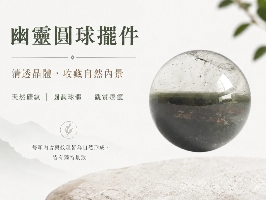 [晶銀財寶] 2026 頂規天然異象幽靈水晶球擺件。以絕佳的 2:3 視覺排版比例展現晶體內部如詩如畫的微觀異象風景，主打匯聚天地靈氣、極速催旺事業正財與提升居家靜奢美學（Quiet Luxury）的高級開運風水家飾。