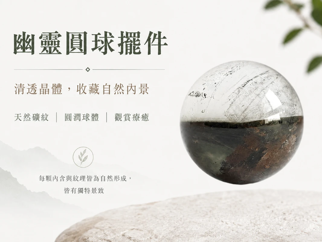 [晶銀財寶] 2026 頂規天然異象幽靈水晶球擺件。以絕佳的 2:3 視覺排版比例展現晶體內部如詩如畫的微觀異象風景，主打匯聚天地靈氣、極速催旺事業正財與提升居家靜奢美學（Quiet Luxury）的高級開運風水家飾。