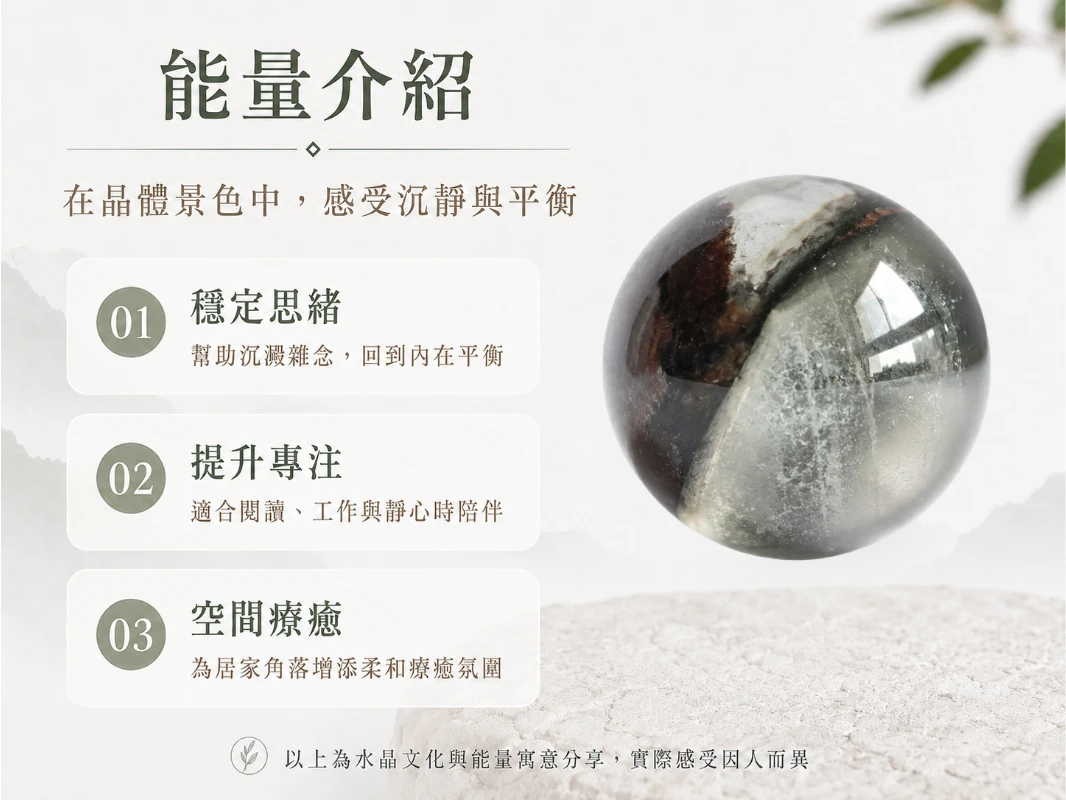 異象幽靈水晶球功效與玄學風水寓意:在玄學中,幽靈水晶被譽為「事業與財富的推進器」,其內部共生礦物能精準共振對應脈輪,強效吸納八方正偏財。結合完美對稱的球體輪廓,不僅能極大化且均勻地向空間釋放豐盛頻率,更象徵財源「生生不息、圓滿豐收」,為辦公或居家空間注入源源不絕的貴人好運與穩健生機。