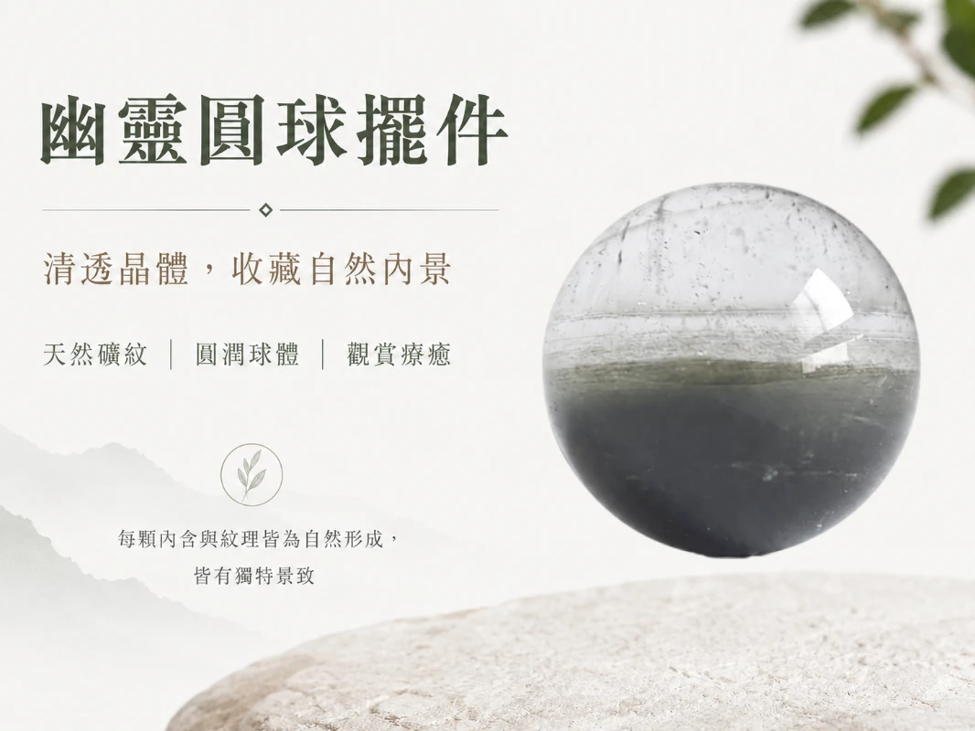 [晶銀財寶] 2026 頂規天然異象幽靈水晶球擺件。以絕佳的 2:3 視覺排版比例展現晶體內部如詩如畫的微觀異象風景，主打匯聚天地靈氣、極速催旺事業正財與提升居家靜奢美學（Quiet Luxury）的高級開運風水家飾。