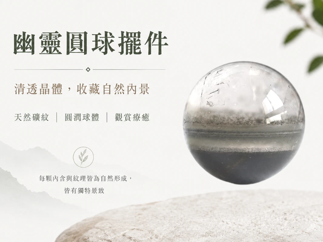 [晶銀財寶] 2026 頂規天然異象幽靈水晶球擺件。以絕佳的 2:3 視覺排版比例展現晶體內部如詩如畫的微觀異象風景，主打匯聚天地靈氣、極速催旺事業正財與提升居家靜奢美學（Quiet Luxury）的高級開運風水家飾。