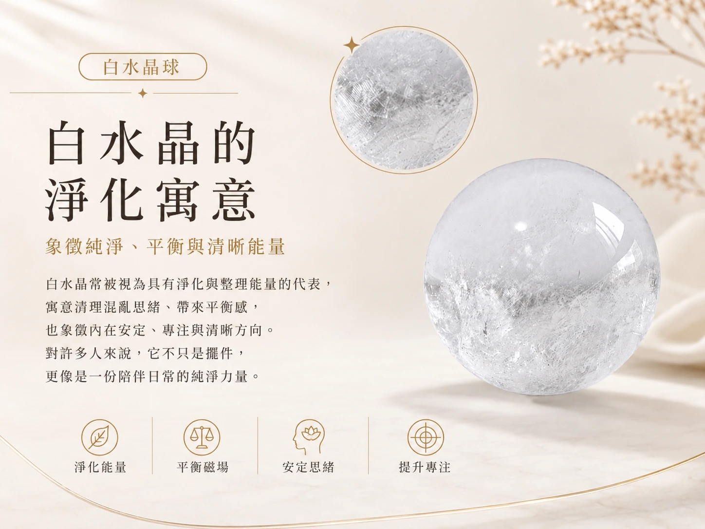 3.5CM 白水晶球功效與玄學風水寓意:在玄學中,白水晶被尊為「能量放大器」與「淨化之源」,能精準共振頂輪,強效喚醒最高階的專注力與決策智慧。結合完美對稱的球體輪廓,能極大化且均勻地向空間釋放純粹的正頻率,象徵「好運圓滿、生生不息」,為辦公或居家空間注入源源不絕的貴人機遇與穩健生機。