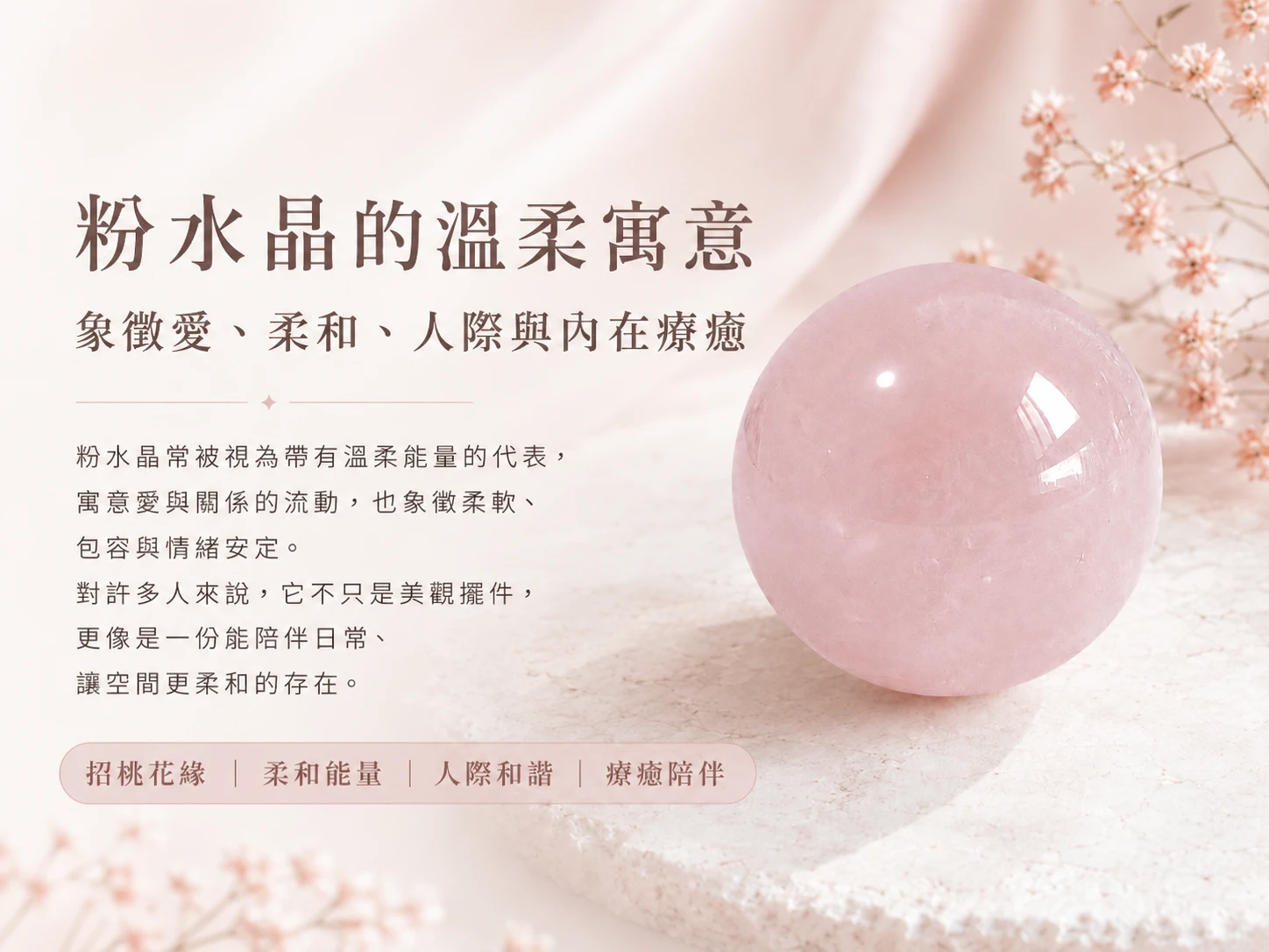 3.5CM 粉水晶球功效與玄學風水寓意:在玄學中,粉水晶被尊為「人氣磁鐵」與「正緣引擎」,能精準共振心輪,強效喚醒無條件的愛與包容力。結合完美對稱的球體輪廓,能極大化且均勻地向空間釋放溫柔的正頻率,象徵「人際圓融、好運不絕」,為辦公或居家空間注入源源不絕的貴人機遇與和諧生機。