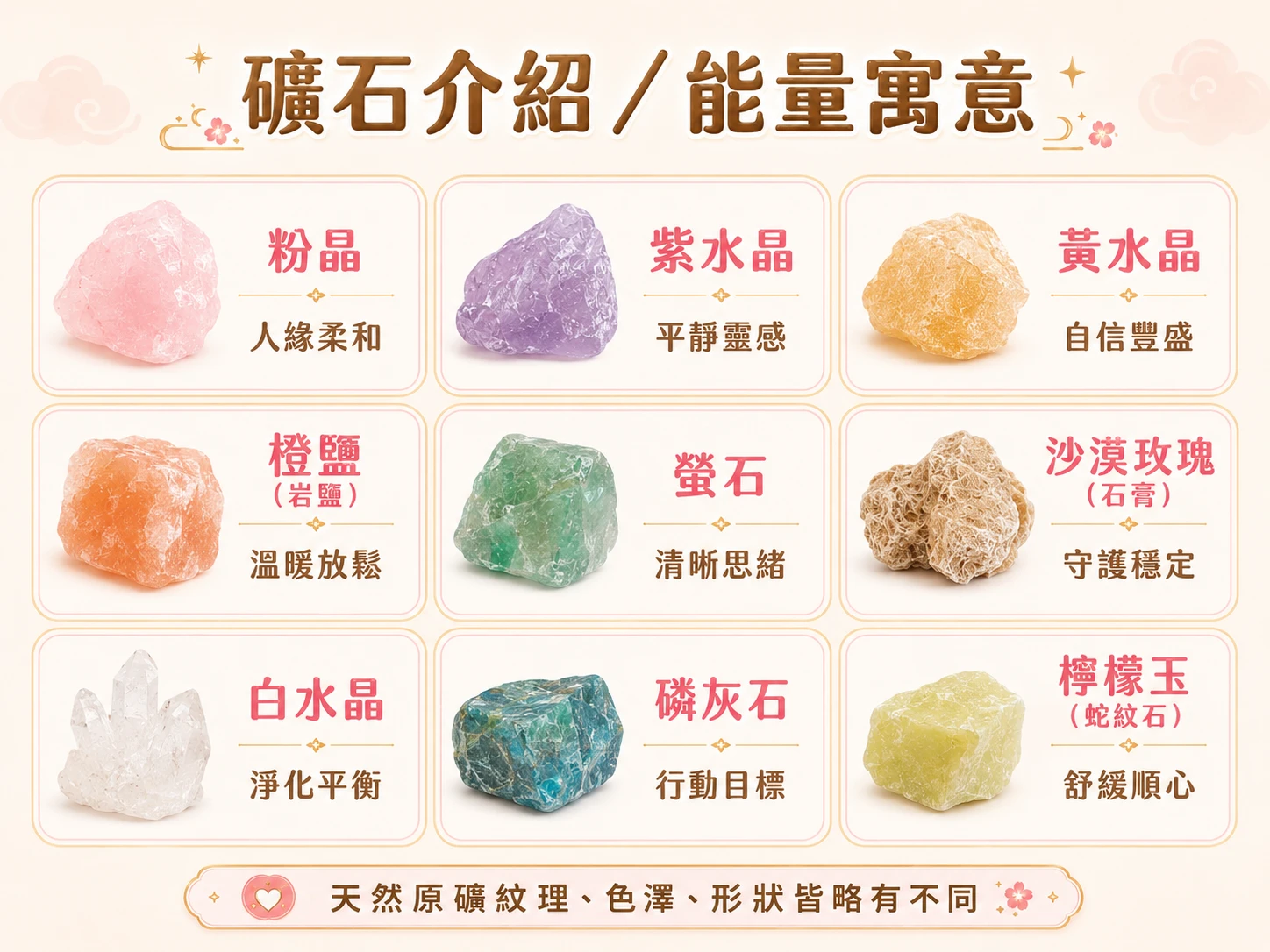 原礦盲盒療癒功效與玄學風水寓意:每一份盲盒均蘊含大自然億萬年的純粹能量,透過精巧的礦物結晶,為空間建立微型高頻防護結界。其迷你的尺寸不僅便於隨身攜帶,更能隨時隨地梳理思緒、喚醒靈感,為緊湊的日常注入源源不絕的正向頻率與平衡生機。
