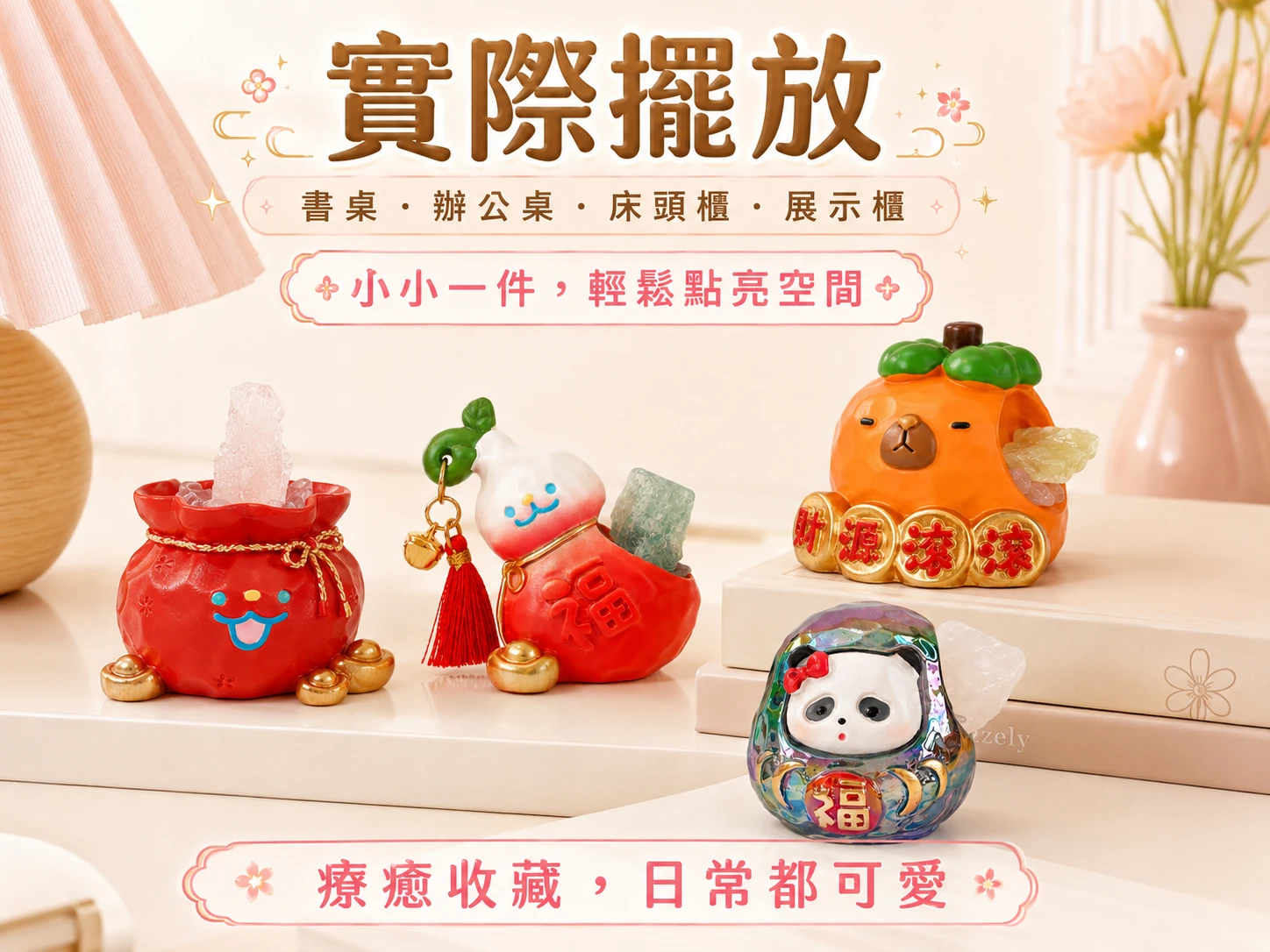 原礦盲盒桌面擺放與情境示範:精緻小巧的藝術化設計,能完美融入現代極簡、侘寂風或創意工作室軟裝。玄學建議擺放於辦公桌、書架或展示櫃,以「蒐藏樂趣」結合「風水佈局」,在開盒瞬間營造令人身心徹底舒展的高級靜心儀式感與高階生活品味。