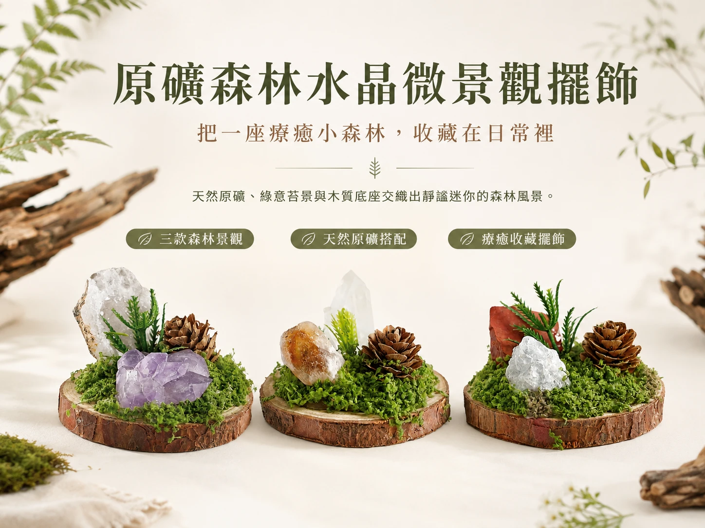 晶銀財寶原礦森林水晶微景觀擺飾，結合天然原礦與綠意森林設計的辦公室療癒桌上擺件