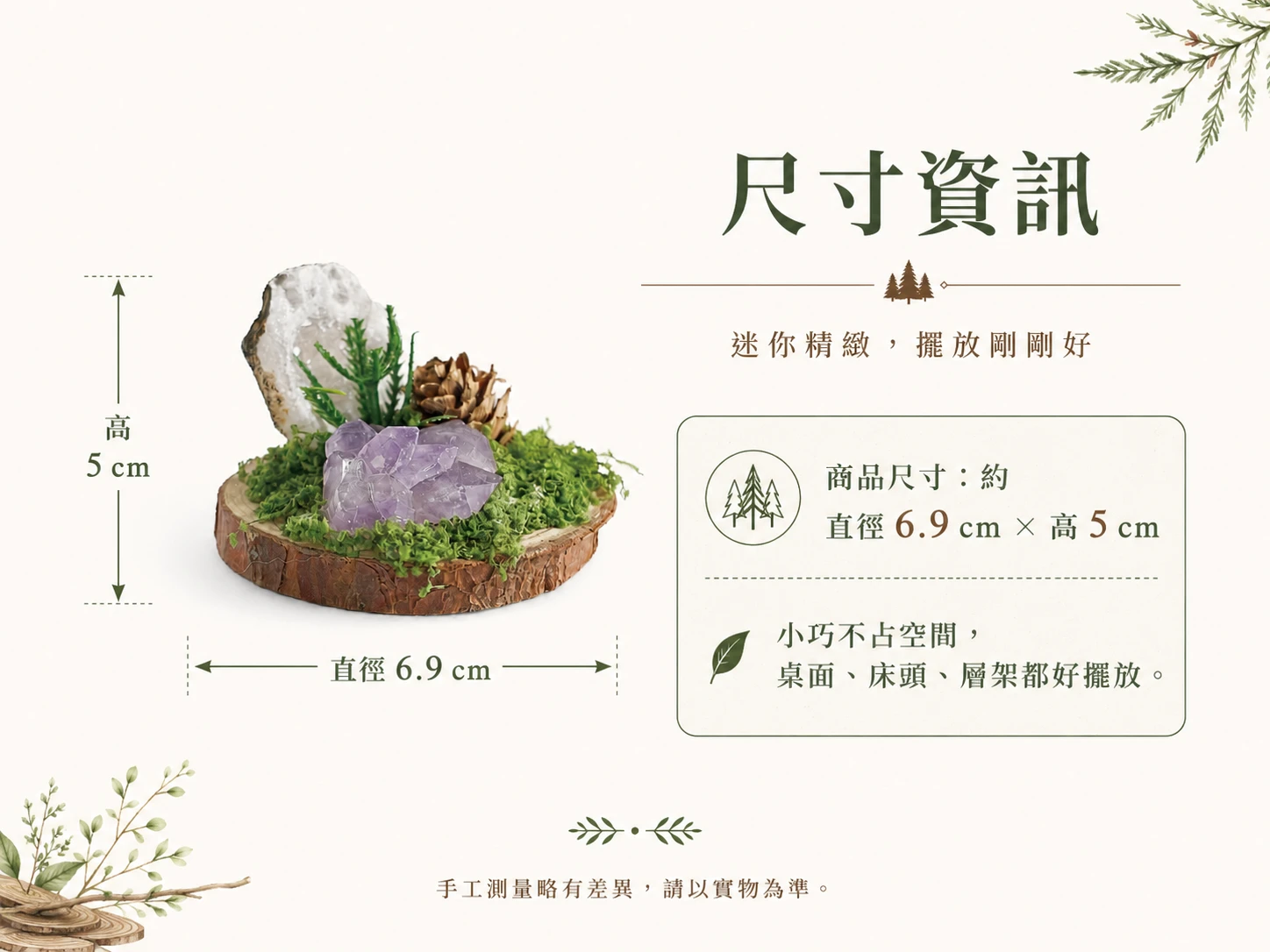 晶銀財寶原礦森林水晶微景觀尺寸規格說明，詳細標示整體高度與底座寬度，方便評估擺放空間