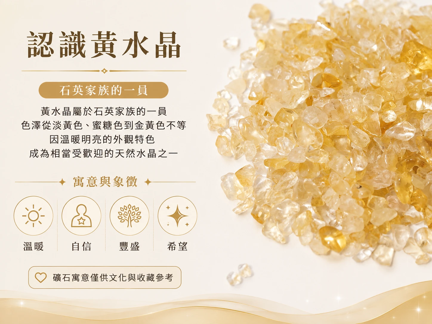 黃水晶碎石特色展示,保留天然礦石原有的色澤深淺、透明感與不規則碎石形狀,每批黃水晶碎石皆具有不同的天然紋理與晶體特色。