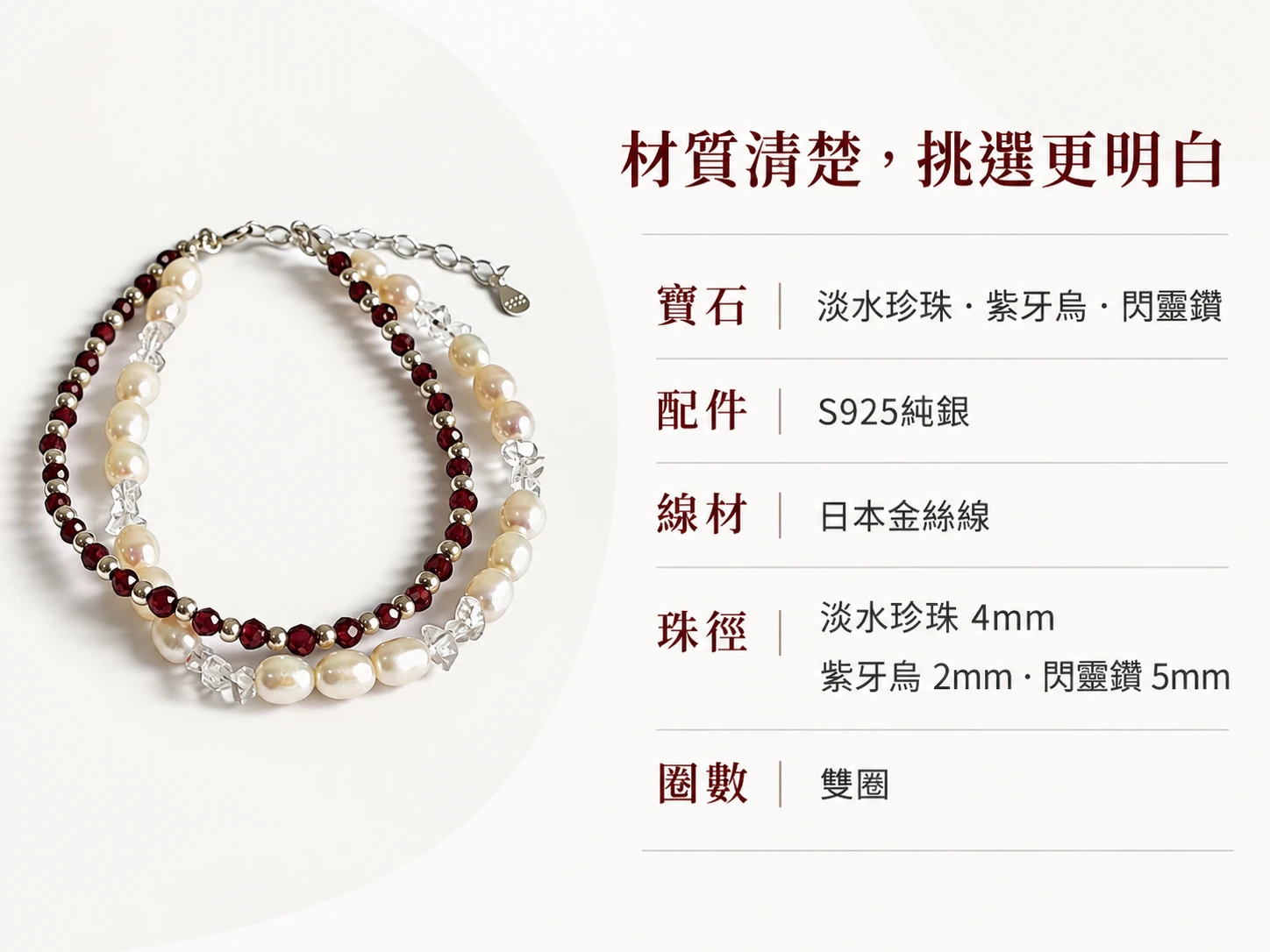 淡水珍珠、紫牙烏與閃靈鑽純銀雙圈手鍊材質資訊展示,清楚呈現手鍊所使用的淡水珍珠、紫牙烏、閃靈鑽與純銀配件組合,幫助了解這款雙圈手鍊的實際材質與設計特色。
