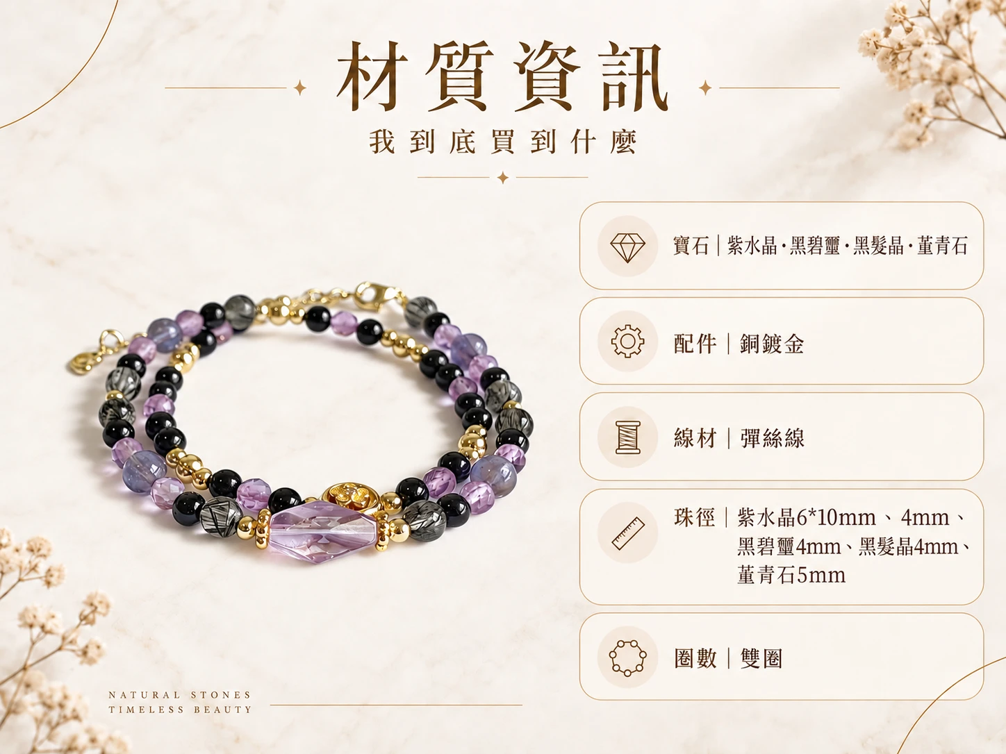 紫水晶、黑碧璽、黑髮晶與堇青石雙圈手串材質資訊展示,清楚呈現手串所使用的天然礦石種類、珠子搭配與雙圈結構,方便了解這款水晶手串的實際材質與設計組成。