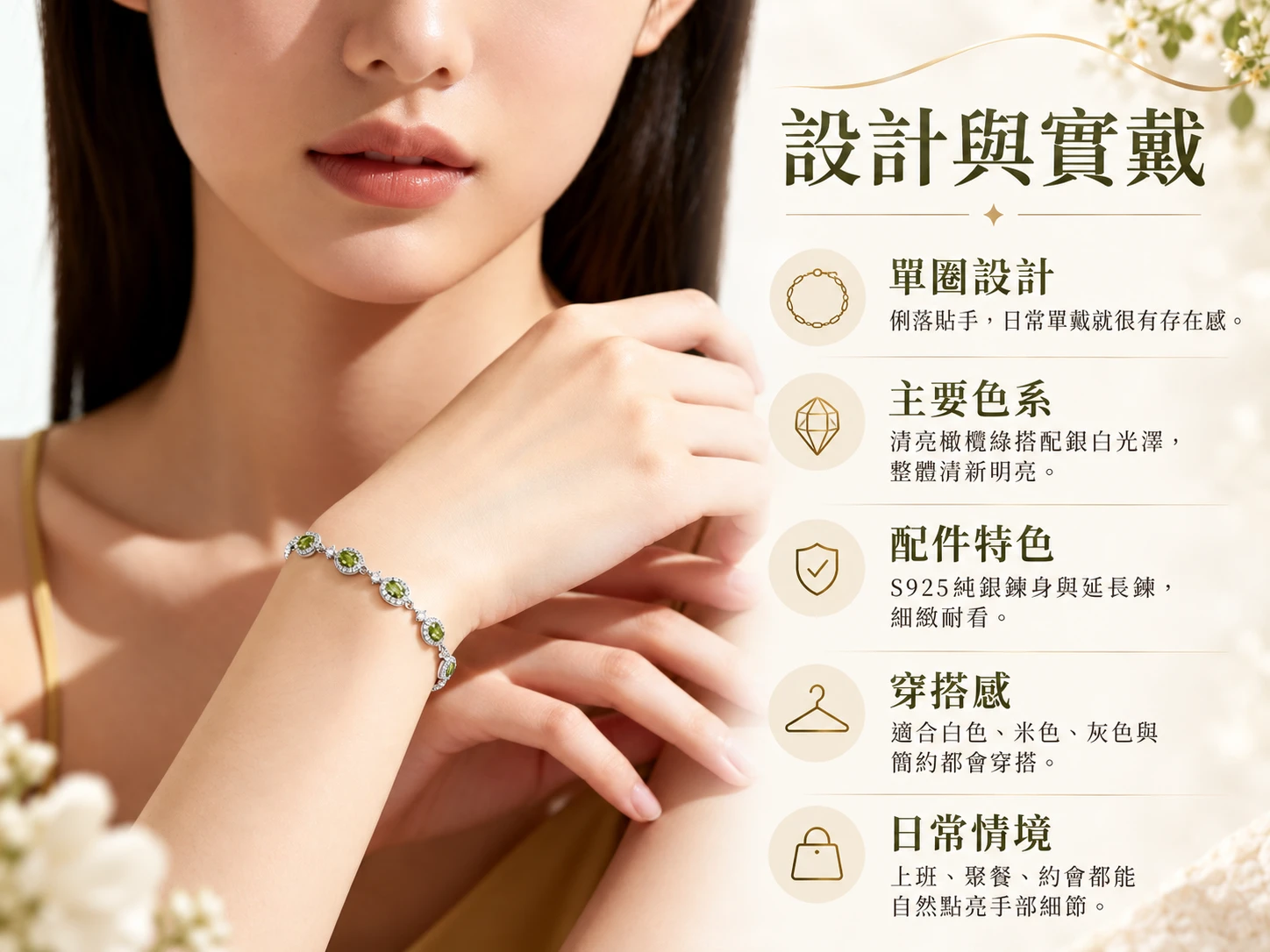 橄欖石純銀手鍊設計與實戴展示，透過橄欖石珠子的柔和綠色調與純銀配件搭配，呈現清爽輕盈的配戴效果，適合日常與通勤穿搭。