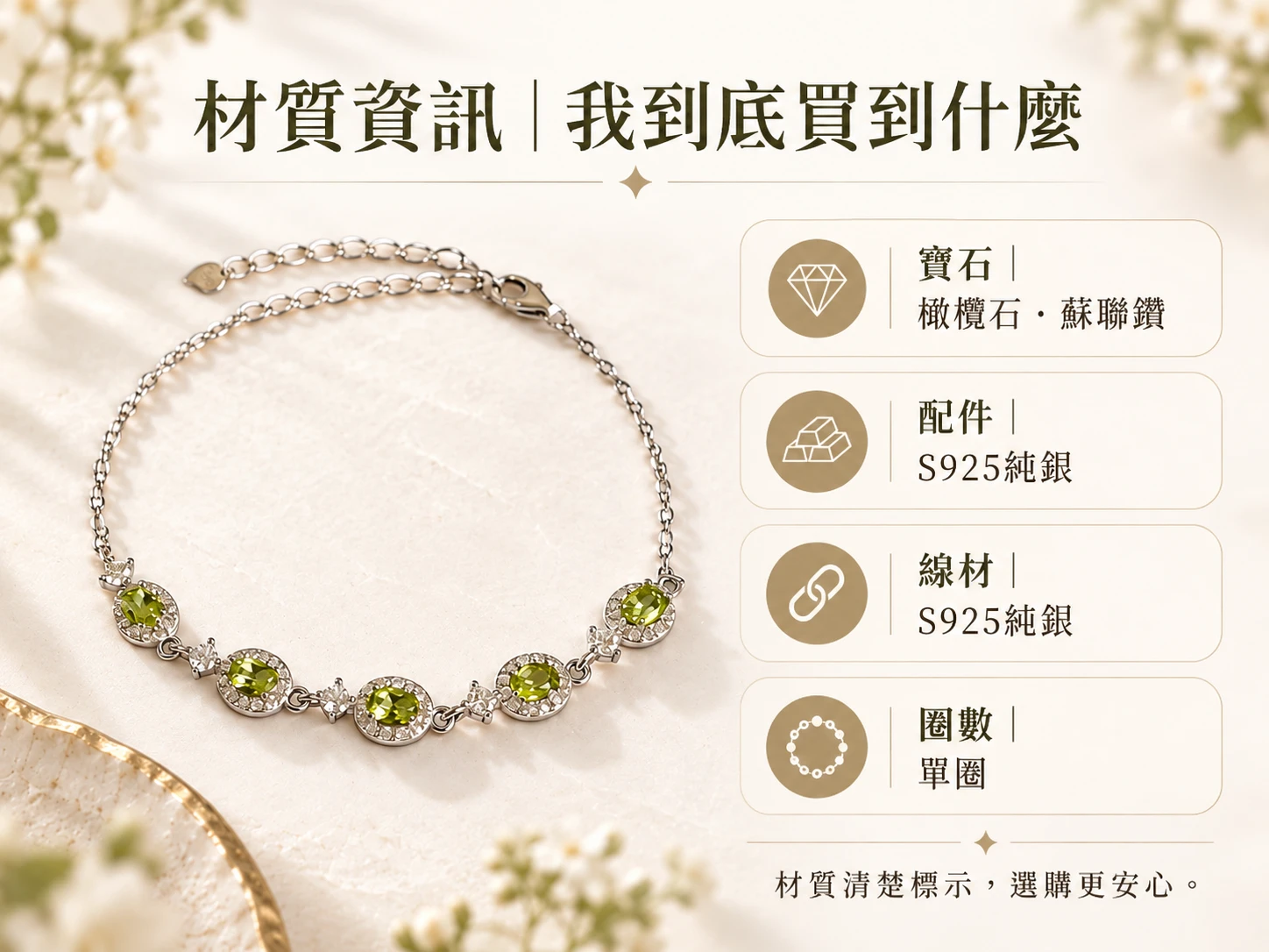 橄欖石純銀手鍊材質資訊展示，清楚呈現手鍊所使用的橄欖石天然寶石、純銀配件與整體串珠結構，方便了解這款手鍊的實際材質與設計組成。