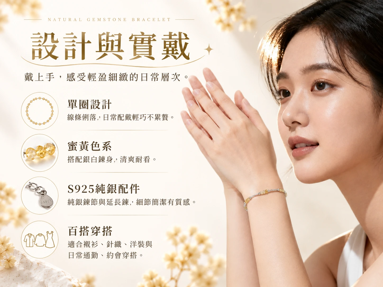 黃水晶純銀手鍊設計與實戴展示，透過黃水晶珠子的自然金黃色調與純銀配件搭配，呈現輕盈細膩的配戴效果，適合日常、通勤與簡約穿搭。