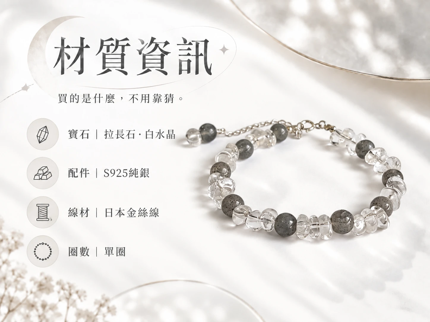 拉長石與白水晶純銀單圈手鍊材質資訊展示，清楚呈現手鍊所使用的天然拉長石、白水晶、純銀配件與單圈串珠結構，方便了解實際材質與設計組成。