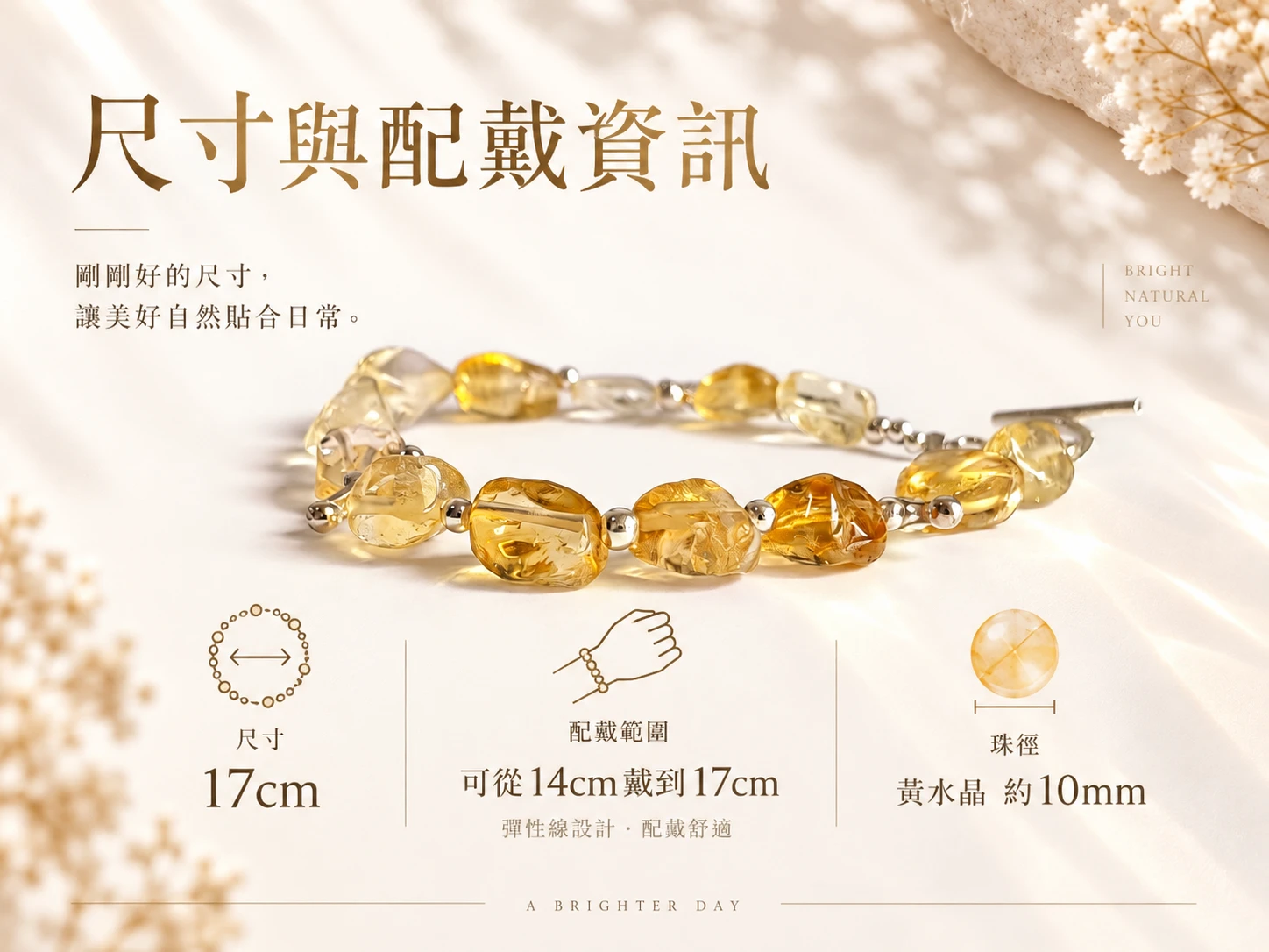黃水晶純銀單圈手鍊尺寸與配戴資訊展示，呈現珠子大小、單圈手鍊整體比例與實際手腕配戴效果，方便了解商品尺寸與日常佩戴樣貌。