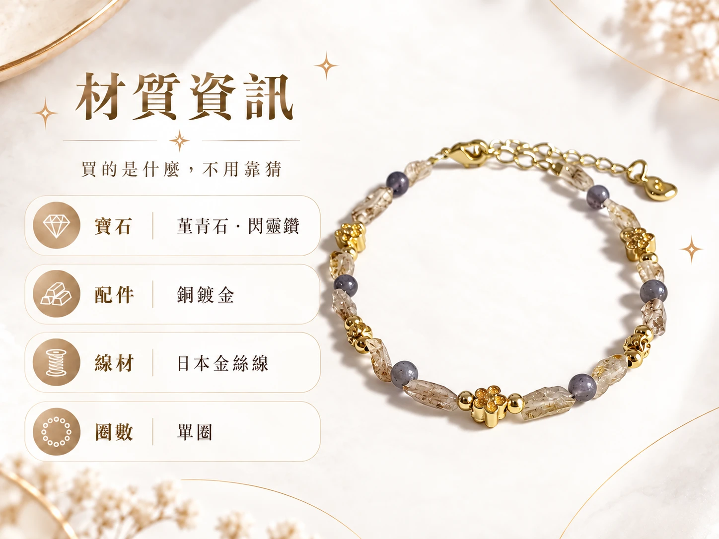 堇青石與閃靈鑽單圈手鍊材質資訊展示,清楚呈現手鍊所使用的天然堇青石、閃靈鑽與單圈串珠結構,方便了解這款手鍊的實際材質與設計組成。