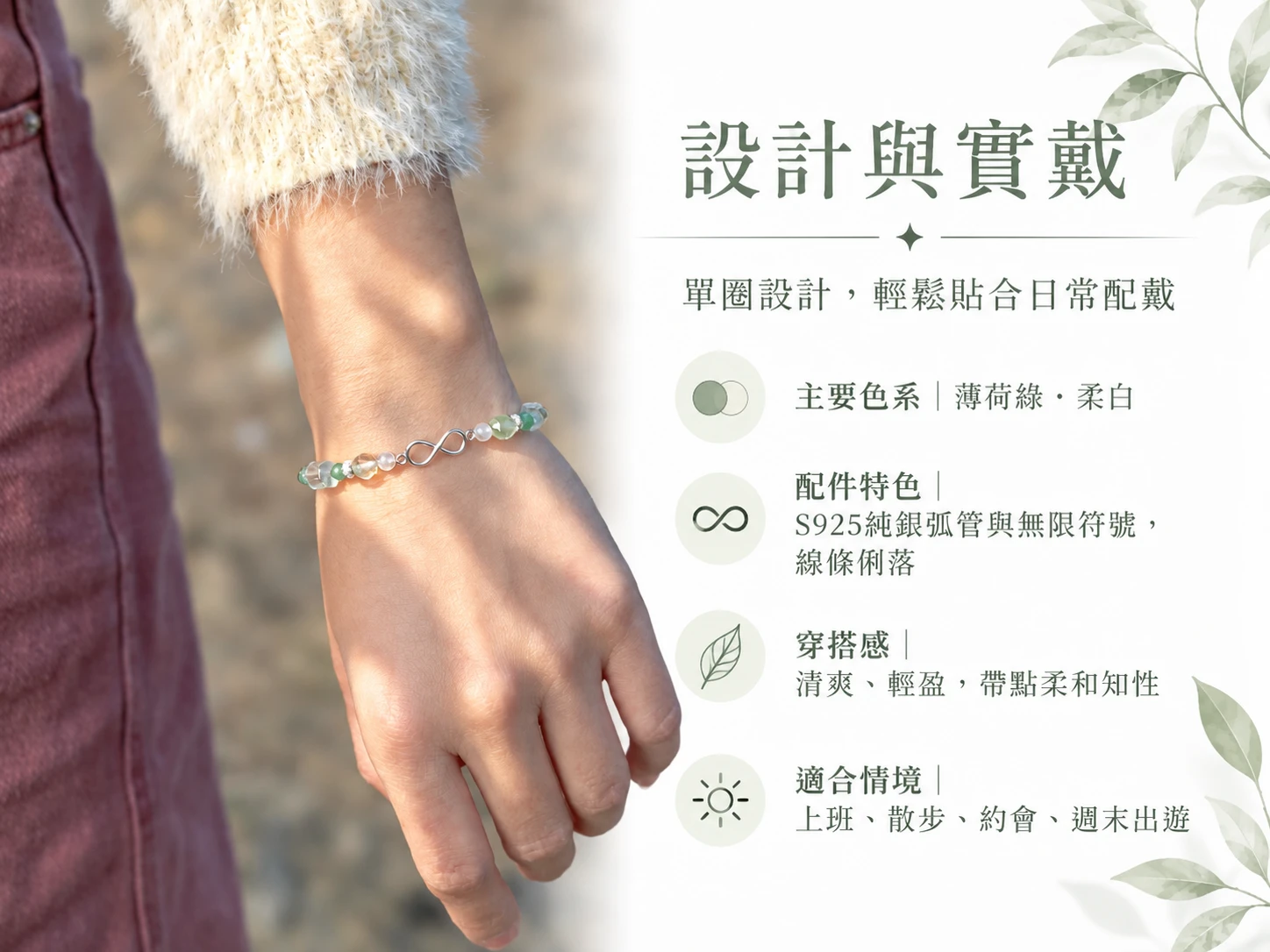 藍月光、葡萄石、綠草莓與翠幽靈純銀單圈手串設計與實戴展示，透過單圈配戴方式呈現輕盈細膩的日常穿搭效果，展現多種天然礦石搭配後的柔和色彩層次與整體造型感。
